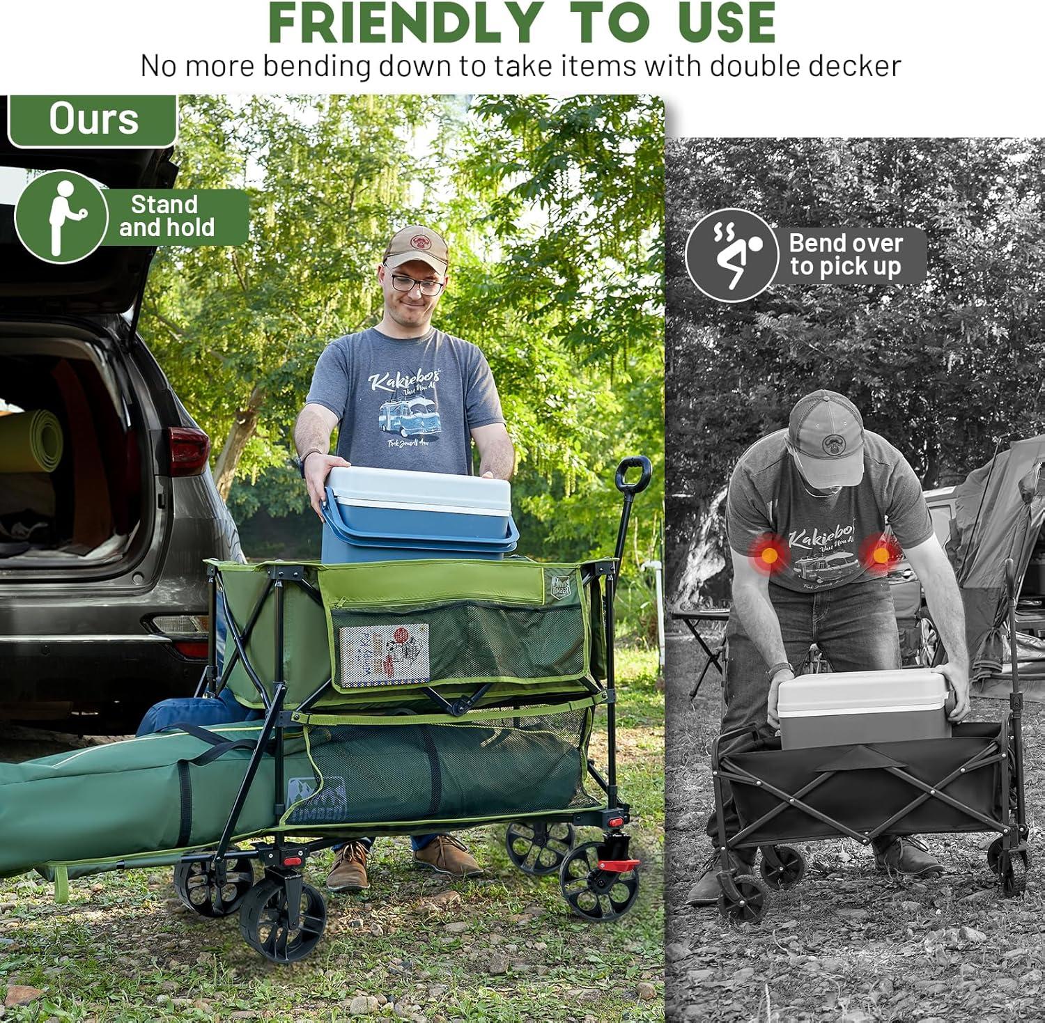 image:imageTIMBER RIDGE 400L Large Capacity Folding Double Decker Wagon with Brakes 54 Extra Long Extender Wagon Cart 450lbs Heavy Duty Collapsible Cart AllTerrain Big Wheels for Camping Sports ShoppingGreen With Brakes