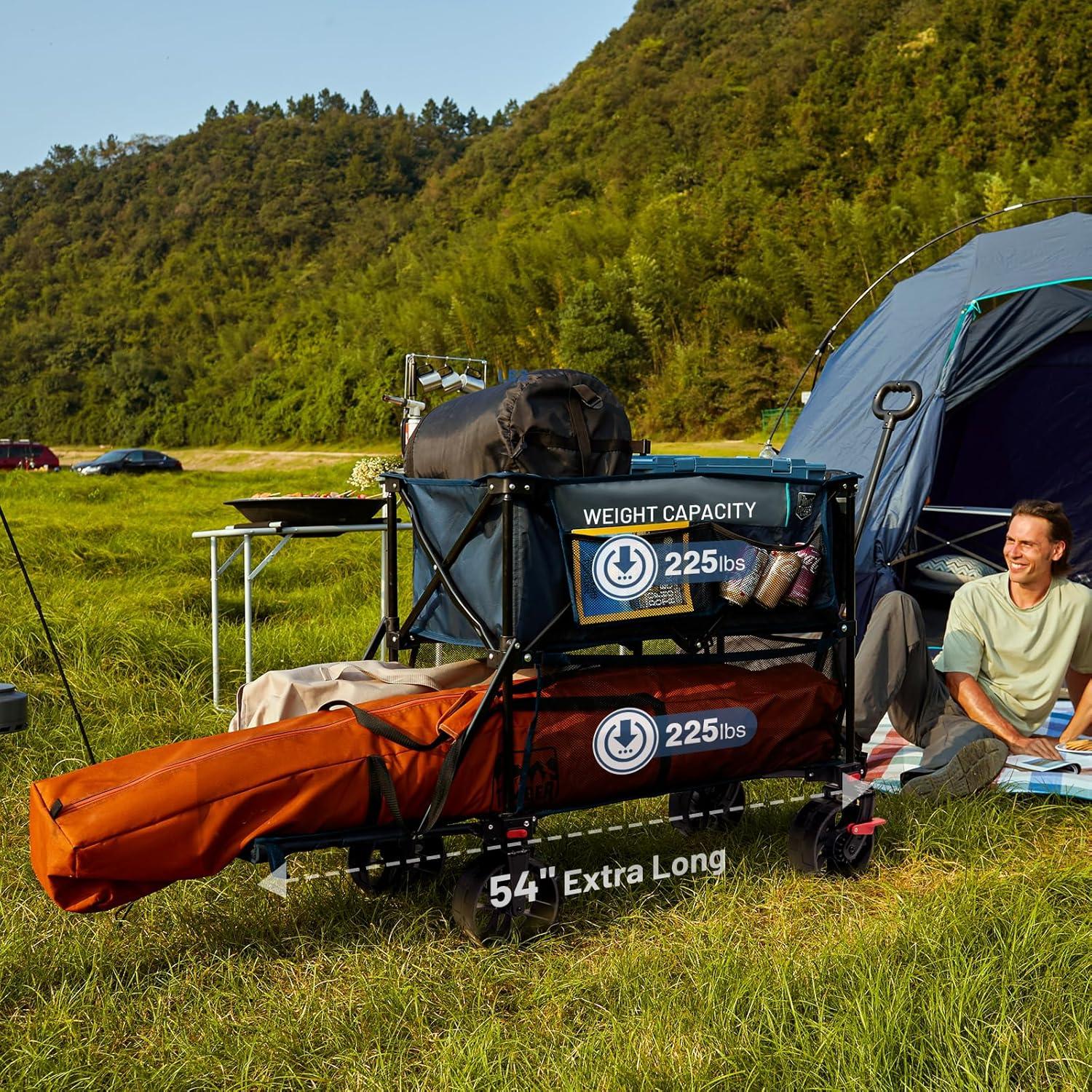 image:imageTIMBER RIDGE 400L Large Capacity Folding Double Decker Wagon with Brakes 54 Extra Long Extender Wagon Cart 450lbs Heavy Duty Collapsible Cart AllTerrain Big Wheels for Camping Sports ShoppingBlue With Brakes
