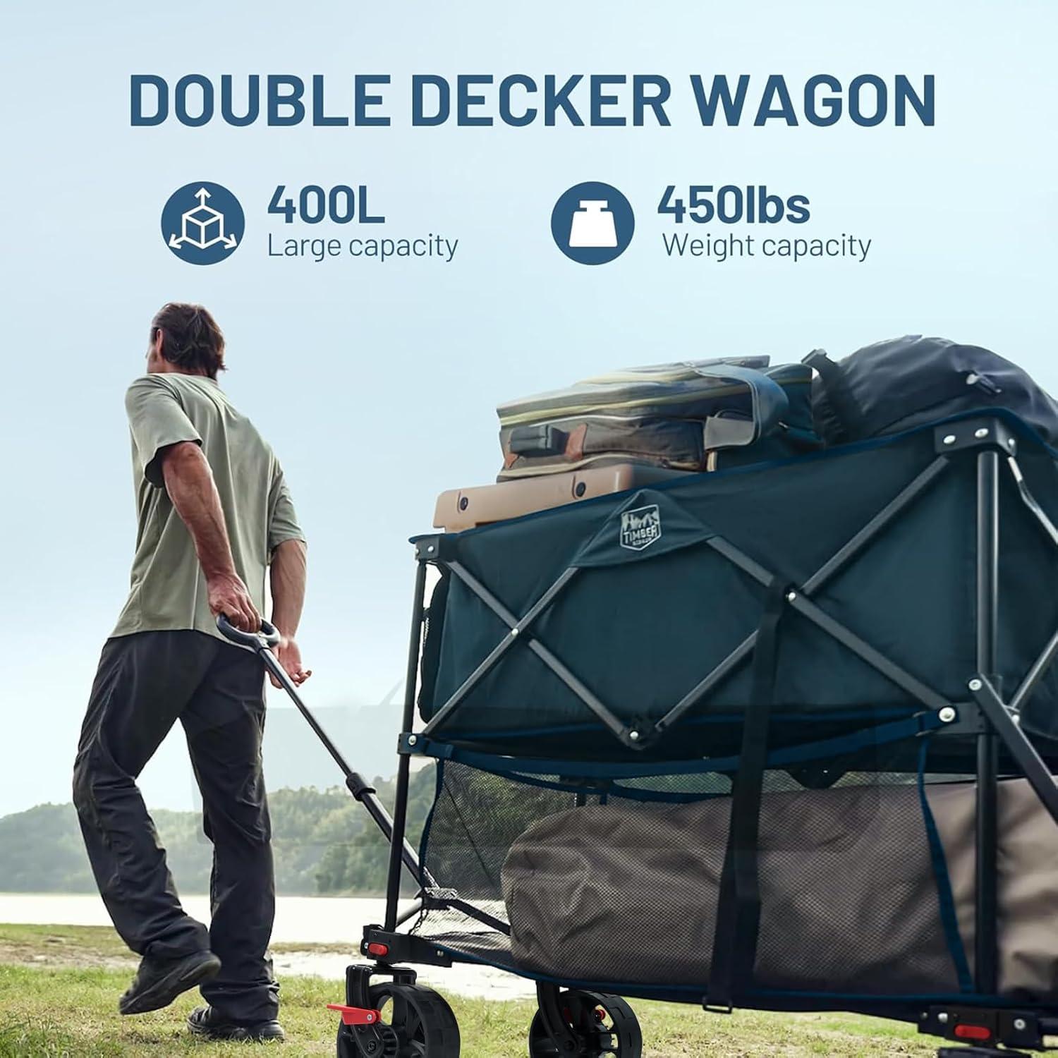 image:imageTIMBER RIDGE 400L Large Capacity Folding Double Decker Wagon with Brakes 54 Extra Long Extender Wagon Cart 450lbs Heavy Duty Collapsible Cart AllTerrain Big Wheels for Camping Sports ShoppingBlue With Brakes