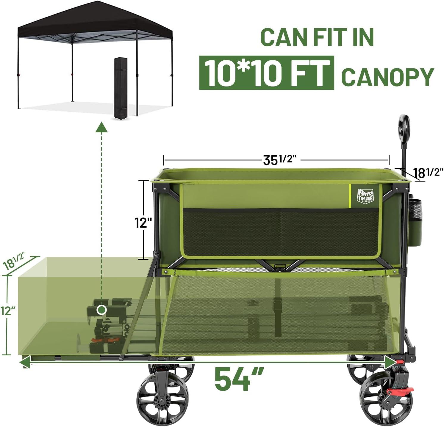 image:imageTIMBER RIDGE 400L Large Capacity Folding Double Decker Wagon with Brakes 54 Extra Long Extender Wagon Cart 450lbs Heavy Duty Collapsible Cart AllTerrain Big Wheels for Camping Sports ShoppingGreen With Brakes