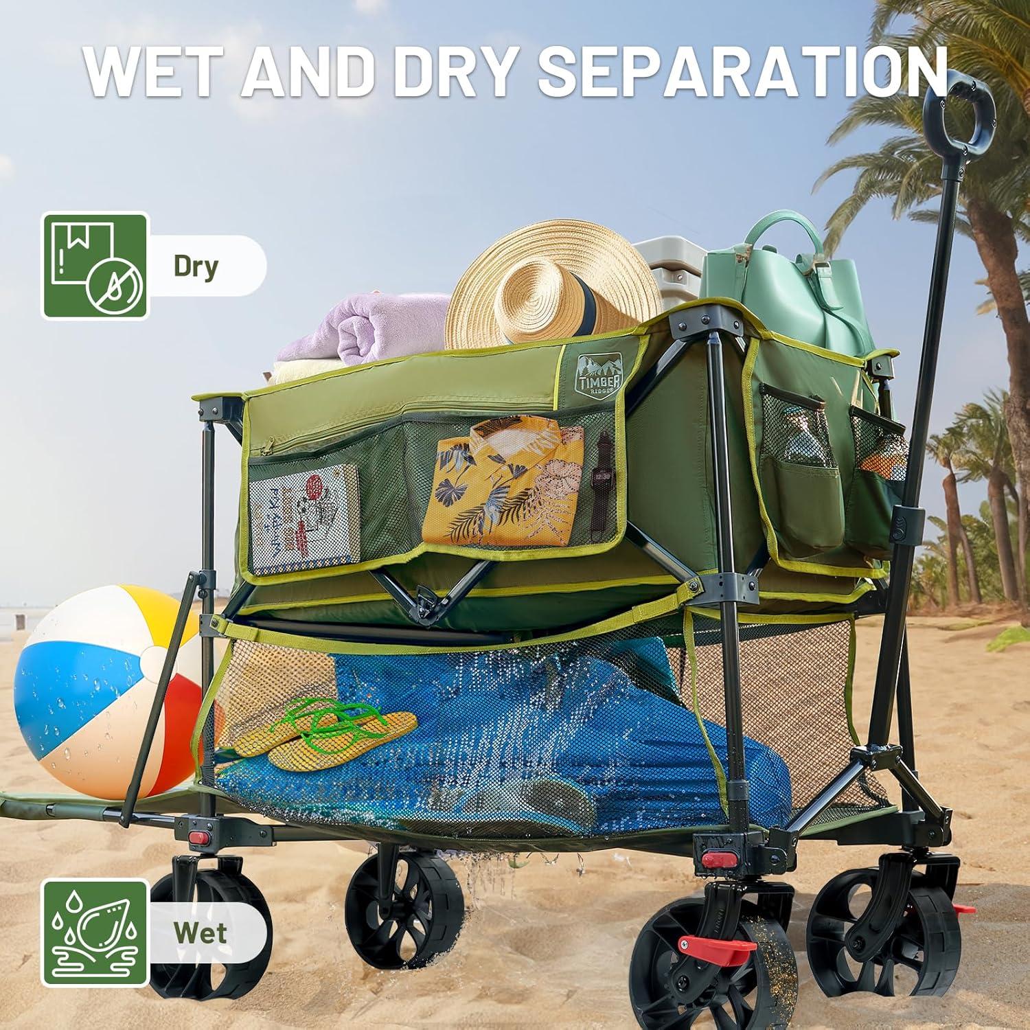 image:imageTIMBER RIDGE 400L Large Capacity Folding Double Decker Wagon with Brakes 54 Extra Long Extender Wagon Cart 450lbs Heavy Duty Collapsible Cart AllTerrain Big Wheels for Camping Sports ShoppingGreen With Brakes