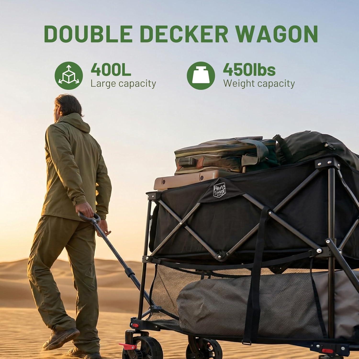 image:imageTIMBER RIDGE 400L Large Capacity Folding Double Decker Wagon with Brakes 54 Extra Long Extender Wagon Cart 450lbs Heavy Duty Collapsible Cart AllTerrain Big Wheels for Camping Sports ShoppingBlack With Brakes