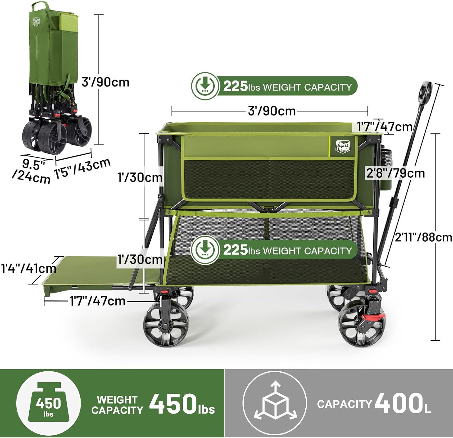 image:imageTIMBER RIDGE 400L Large Capacity Folding Double Decker Wagon with Brakes 54 Extra Long Extender Wagon Cart 450lbs Heavy Duty Collapsible Cart AllTerrain Big Wheels for Camping Sports ShoppingGreen With Brakes