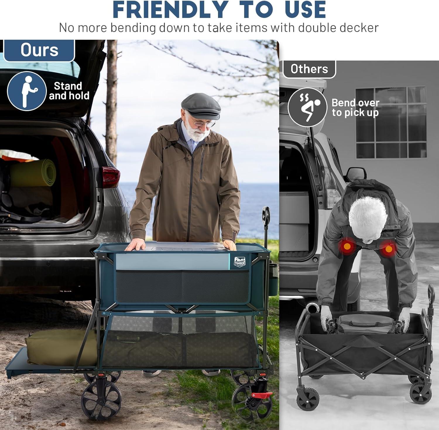 image:imageTIMBER RIDGE 400L Large Capacity Folding Double Decker Wagon with Brakes 54 Extra Long Extender Wagon Cart 450lbs Heavy Duty Collapsible Cart AllTerrain Big Wheels for Camping Sports ShoppingBlue With Brakes