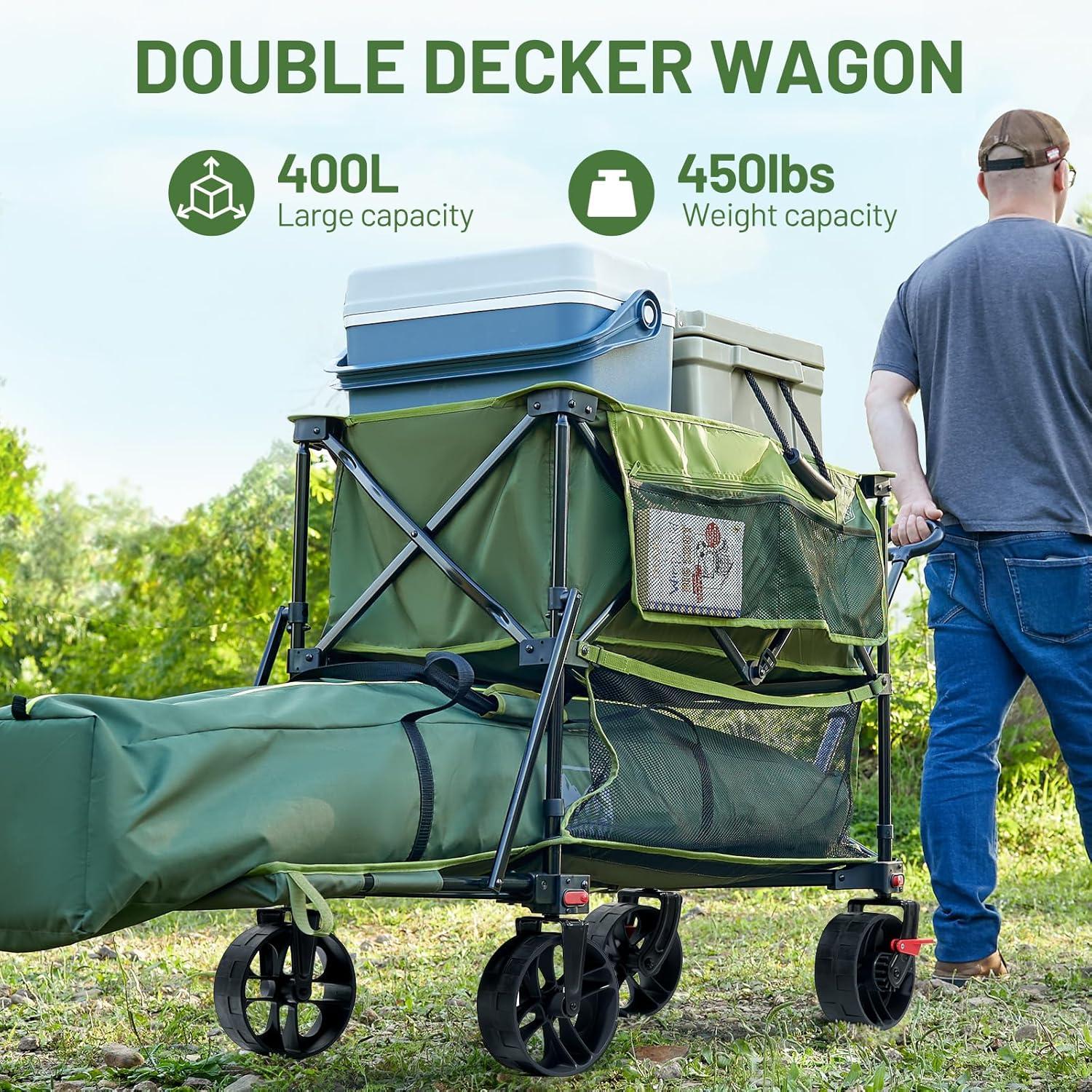 image:imageTIMBER RIDGE 400L Large Capacity Folding Double Decker Wagon with Brakes 54 Extra Long Extender Wagon Cart 450lbs Heavy Duty Collapsible Cart AllTerrain Big Wheels for Camping Sports ShoppingGreen With Brakes