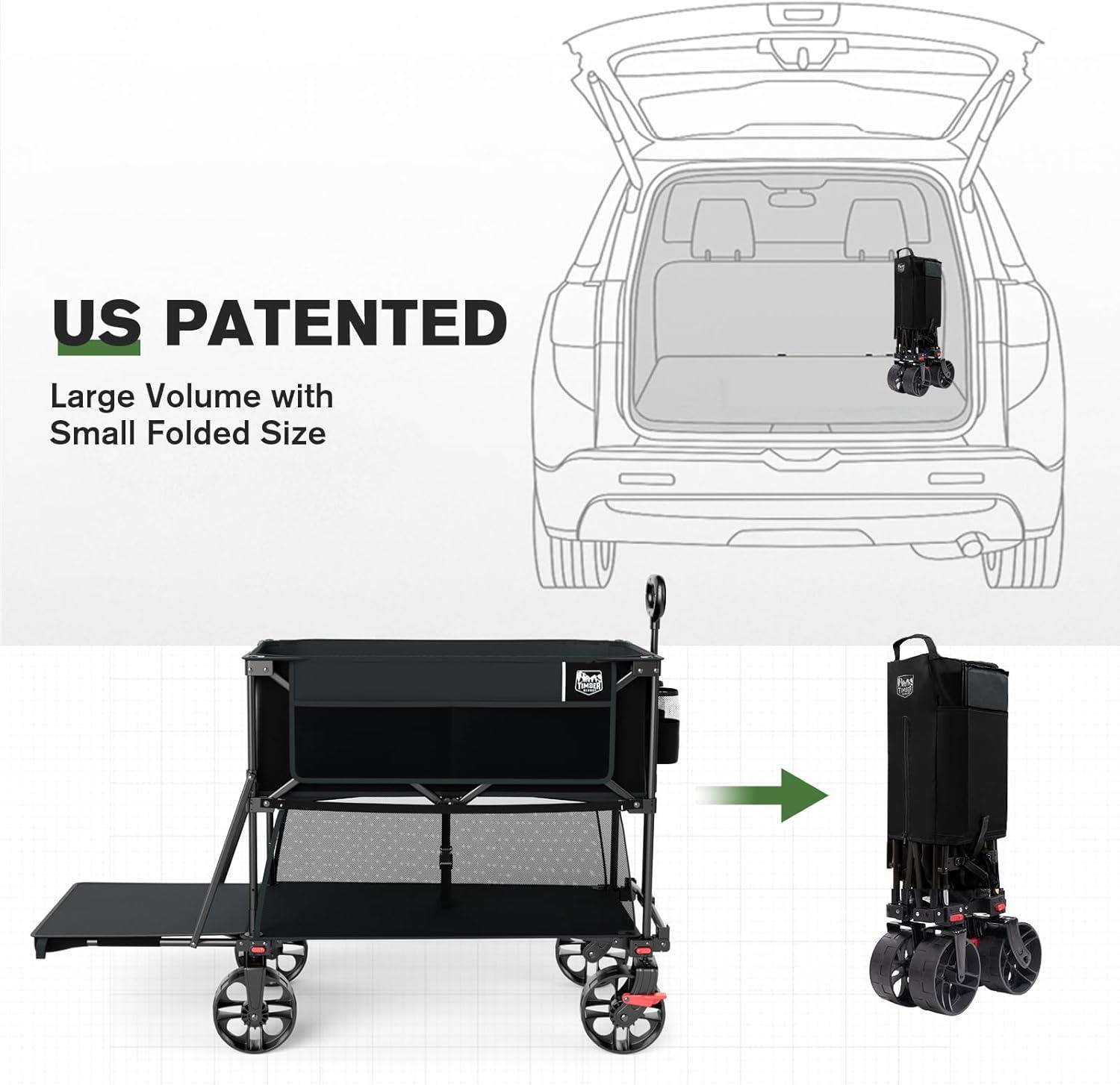 image:imageTIMBER RIDGE 400L Large Capacity Folding Double Decker Wagon with Brakes 54 Extra Long Extender Wagon Cart 450lbs Heavy Duty Collapsible Cart AllTerrain Big Wheels for Camping Sports ShoppingBlack With Brakes
