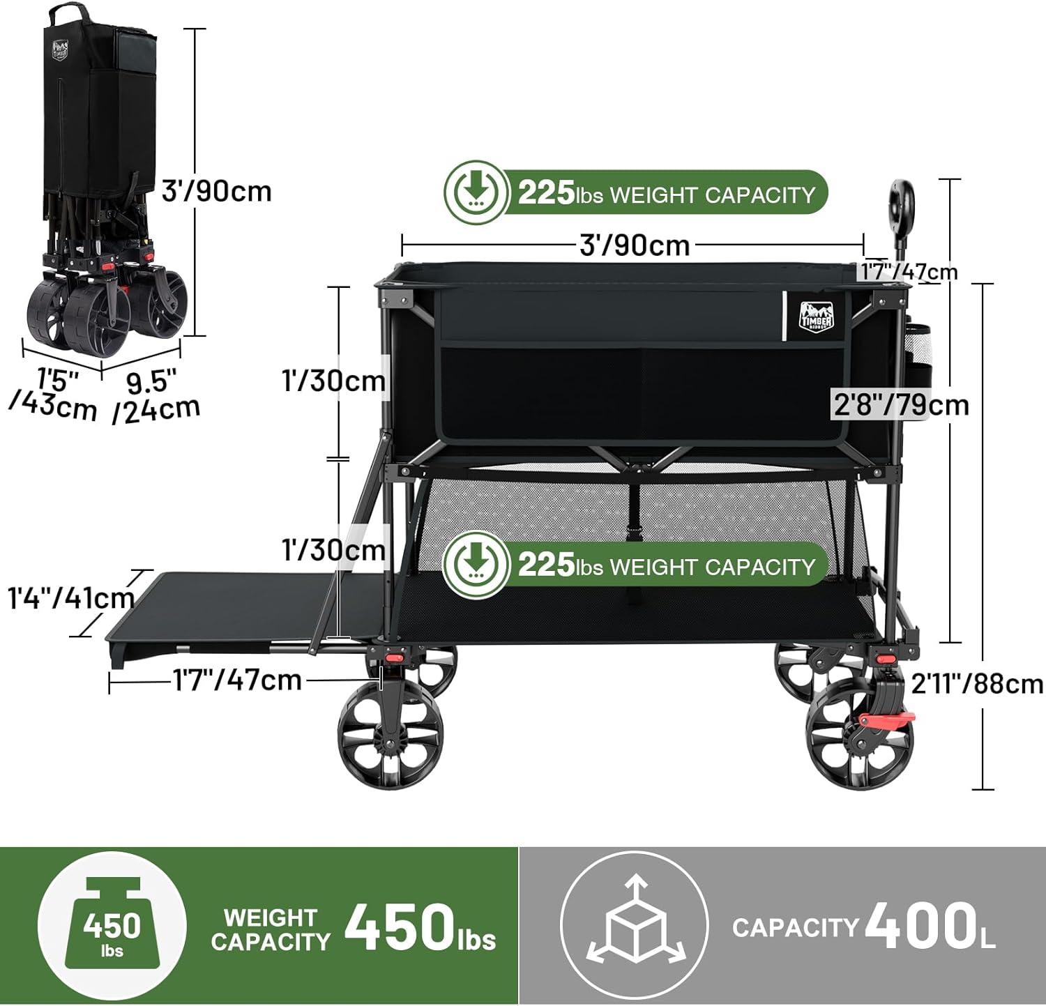 image:imageTIMBER RIDGE 400L Large Capacity Folding Double Decker Wagon with Brakes 54 Extra Long Extender Wagon Cart 450lbs Heavy Duty Collapsible Cart AllTerrain Big Wheels for Camping Sports ShoppingBlack With Brakes