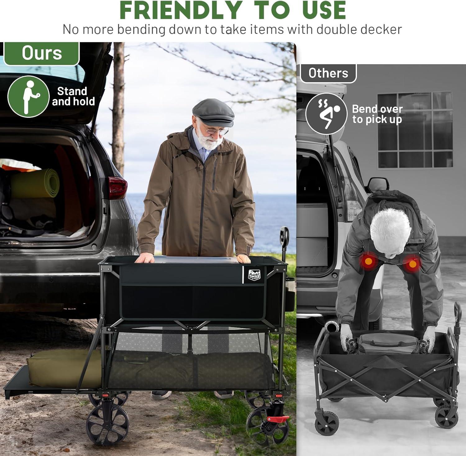 image:imageTIMBER RIDGE 400L Large Capacity Folding Double Decker Wagon with Brakes 54 Extra Long Extender Wagon Cart 450lbs Heavy Duty Collapsible Cart AllTerrain Big Wheels for Camping Sports ShoppingBlack With Brakes