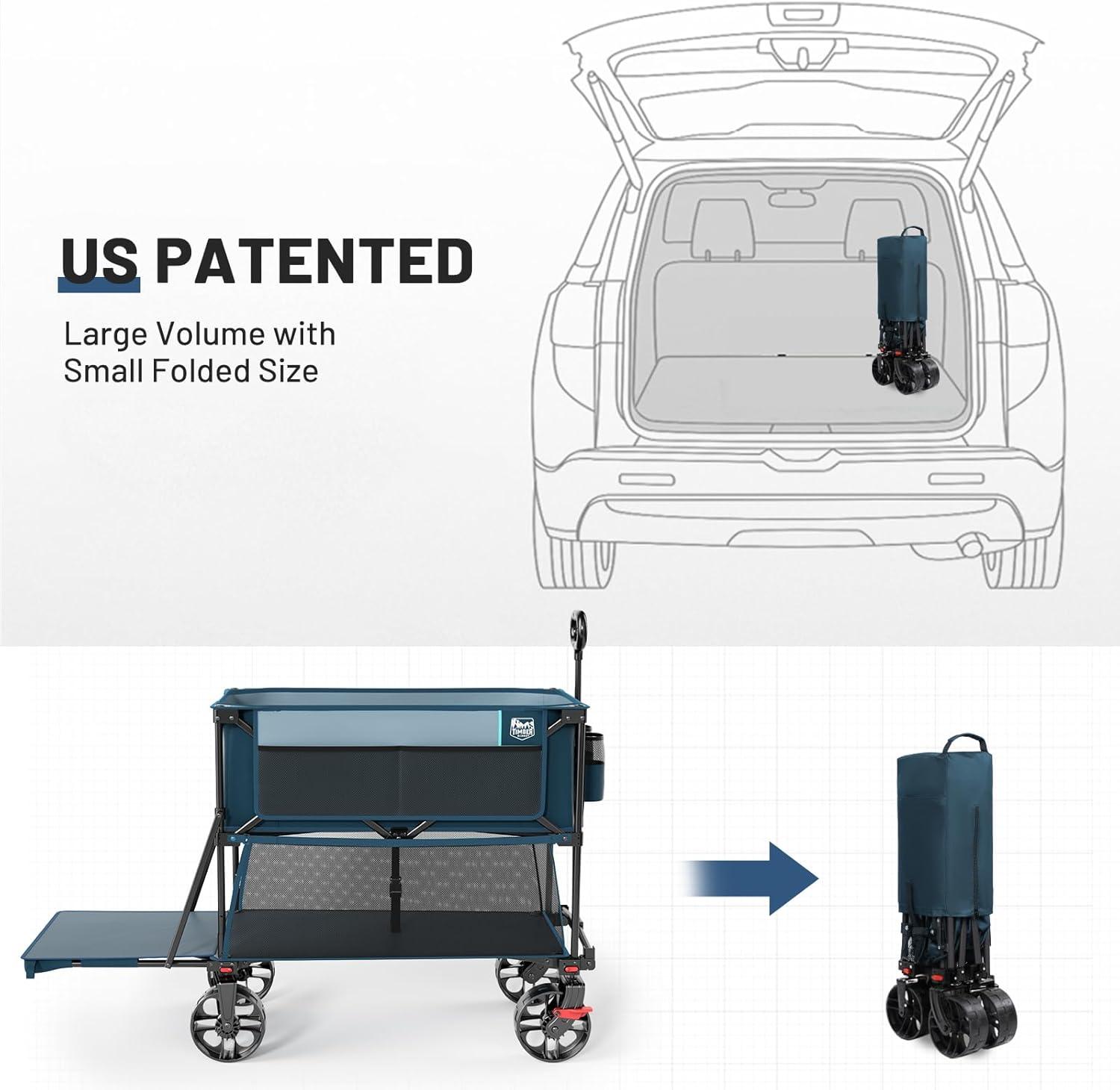 image:imageTIMBER RIDGE 400L Large Capacity Folding Double Decker Wagon with Brakes 54 Extra Long Extender Wagon Cart 450lbs Heavy Duty Collapsible Cart AllTerrain Big Wheels for Camping Sports ShoppingBlue With Brakes