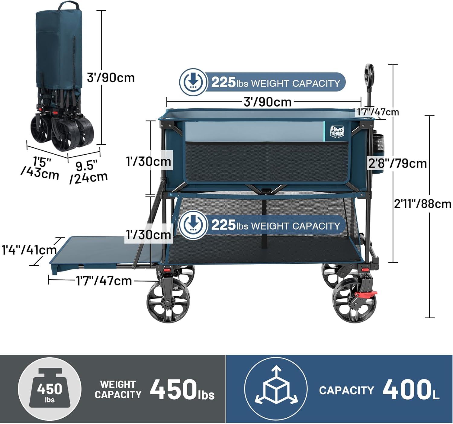 image:imageTIMBER RIDGE 400L Large Capacity Folding Double Decker Wagon with Brakes 54 Extra Long Extender Wagon Cart 450lbs Heavy Duty Collapsible Cart AllTerrain Big Wheels for Camping Sports ShoppingBlue With Brakes