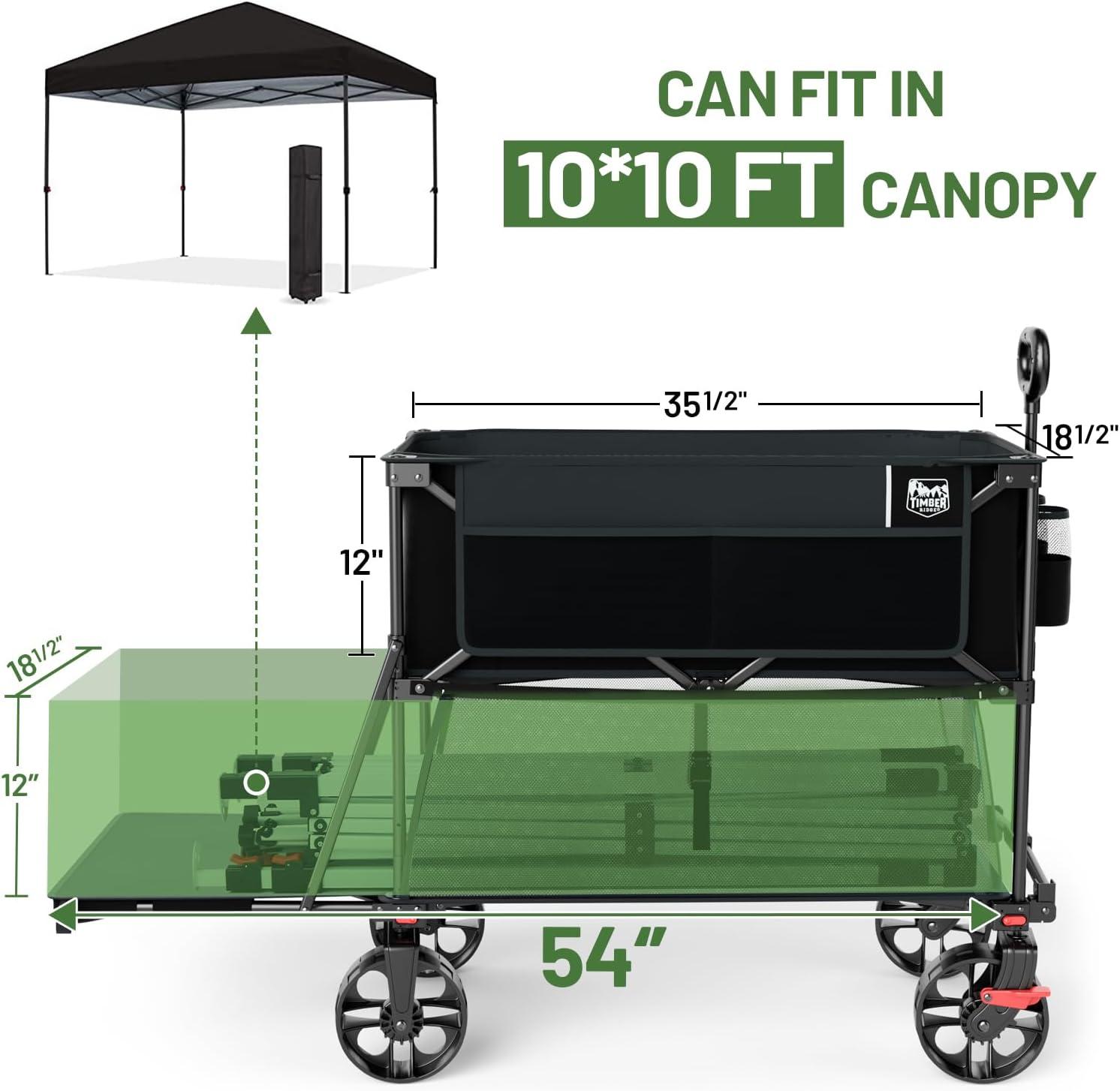 image:imageTIMBER RIDGE 400L Large Capacity Folding Double Decker Wagon with Brakes 54 Extra Long Extender Wagon Cart 450lbs Heavy Duty Collapsible Cart AllTerrain Big Wheels for Camping Sports ShoppingBlack With Brakes
