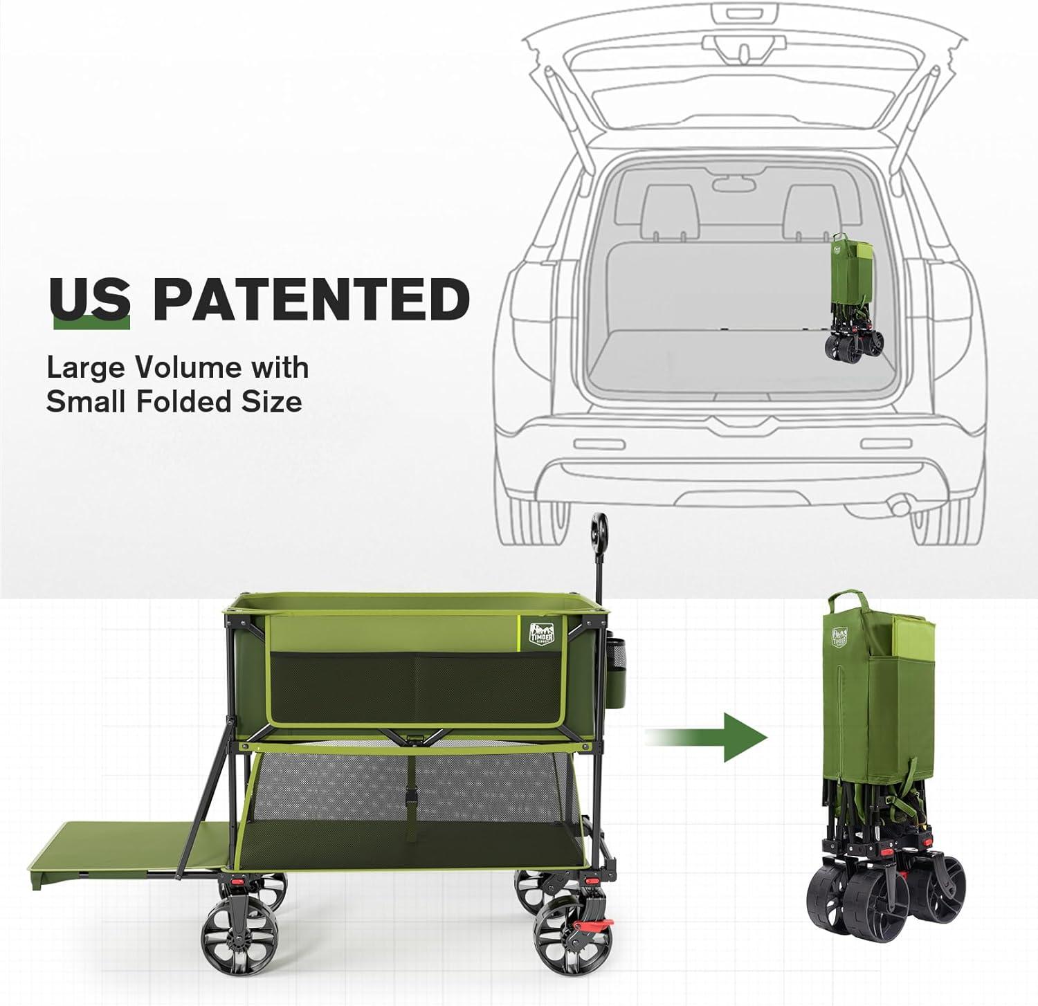 image:imageTIMBER RIDGE 400L Large Capacity Folding Double Decker Wagon with Brakes 54 Extra Long Extender Wagon Cart 450lbs Heavy Duty Collapsible Cart AllTerrain Big Wheels for Camping Sports ShoppingGreen With Brakes