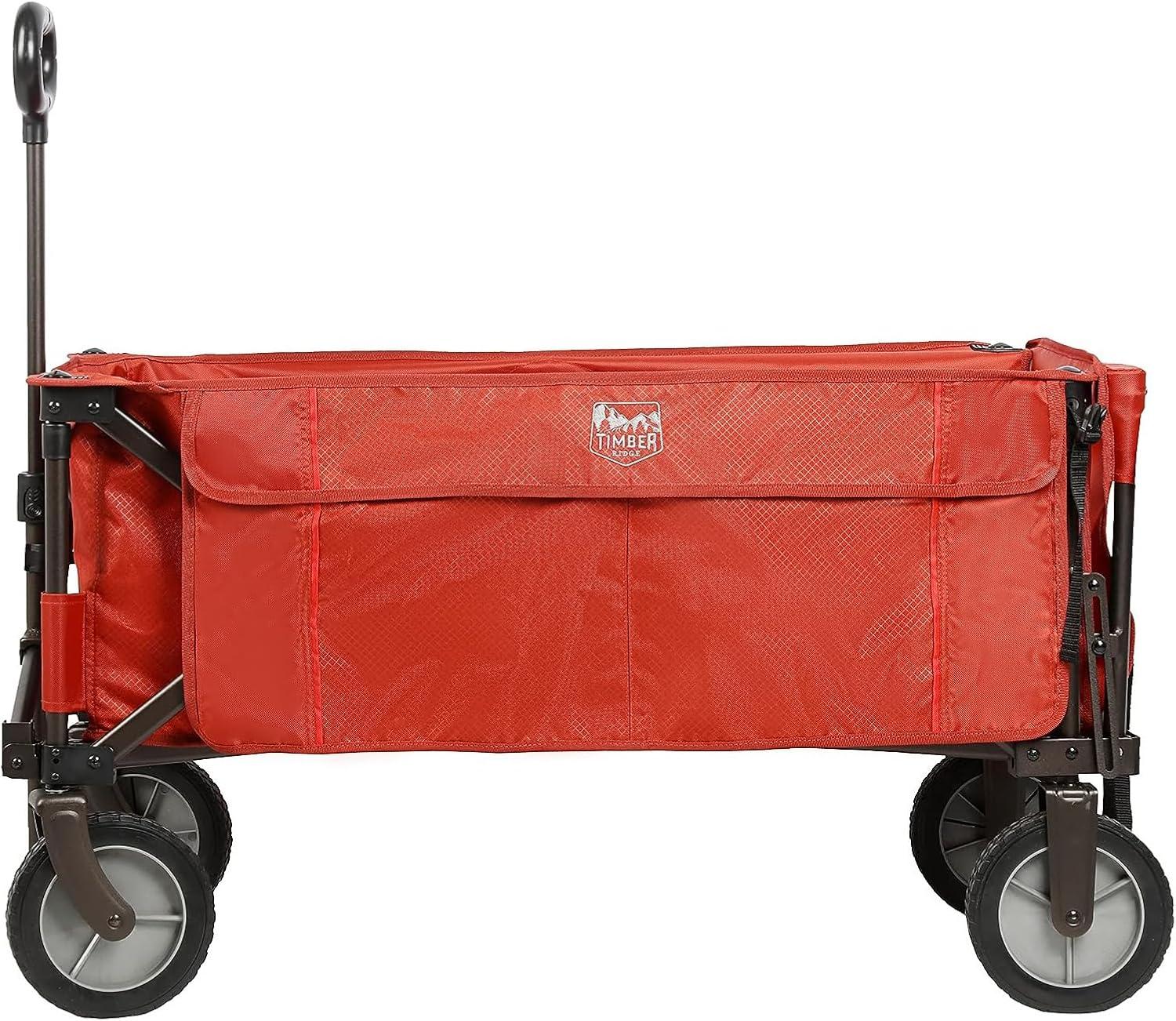 image:imageTIMBER RIDGE Tailgate Collapsible Folding Wagon Cart Heavy Duty Utility Push Pull Beach Wagon Foldable Outdoor Grocery Cart with Side Pockets for Camping Garden Shopping Holds 225 lbs RedRed