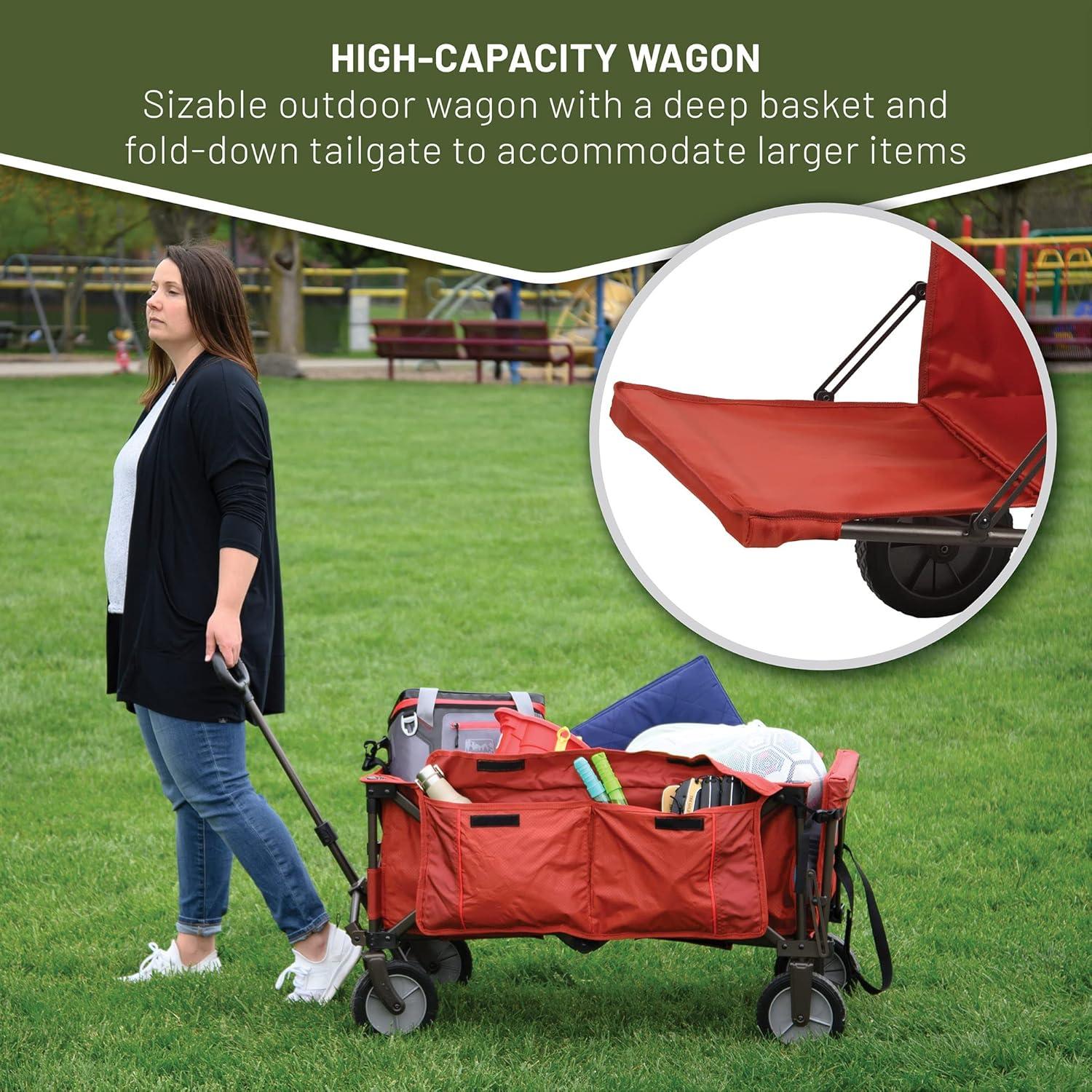 image:imageTIMBER RIDGE Tailgate Collapsible Folding Wagon Cart Heavy Duty Utility Push Pull Beach Wagon Foldable Outdoor Grocery Cart with Side Pockets for Camping Garden Shopping Holds 225 lbs RedRed