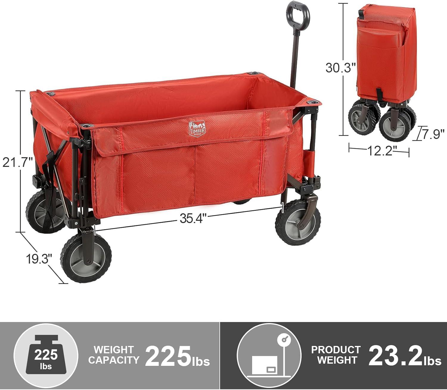 image:imageTIMBER RIDGE Tailgate Collapsible Folding Wagon Cart Heavy Duty Utility Push Pull Beach Wagon Foldable Outdoor Grocery Cart with Side Pockets for Camping Garden Shopping Holds 225 lbs RedRed