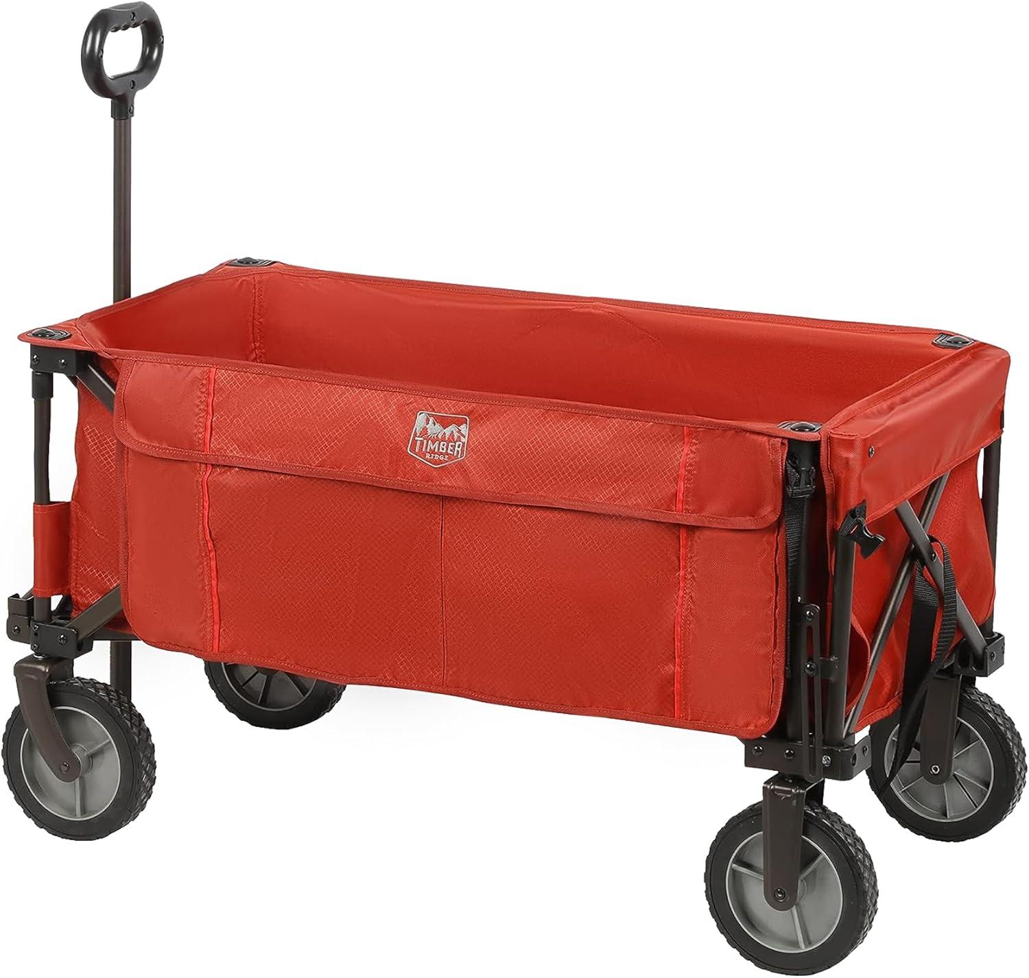 image:imageTIMBER RIDGE Tailgate Collapsible Folding Wagon Cart Heavy Duty Utility Push Pull Beach Wagon Foldable Outdoor Grocery Cart with Side Pockets for Camping Garden Shopping Holds 225 lbs RedRed