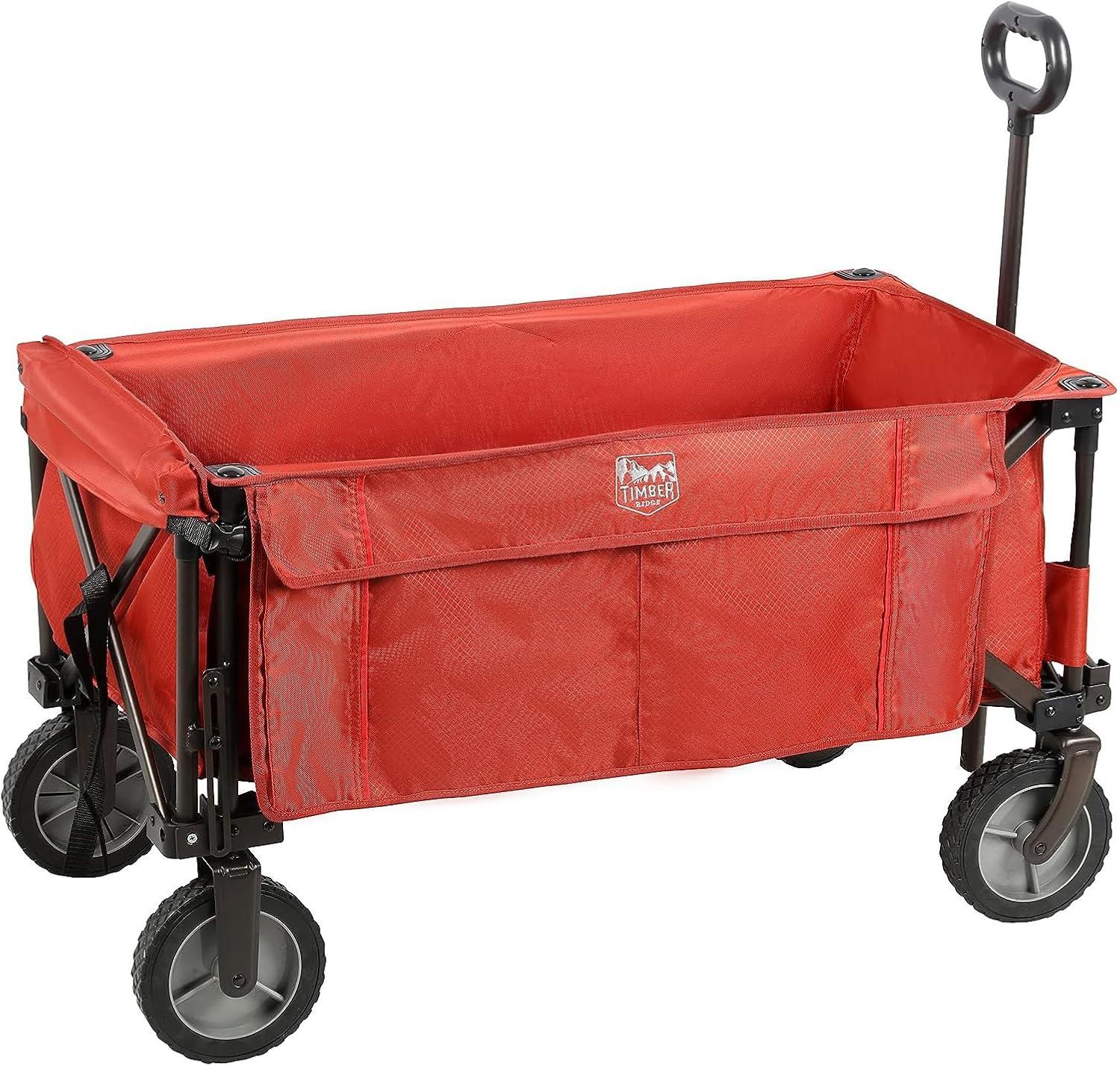 image:imageTIMBER RIDGE Tailgate Collapsible Folding Wagon Cart Heavy Duty Utility Push Pull Beach Wagon Foldable Outdoor Grocery Cart with Side Pockets for Camping Garden Shopping Holds 225 lbs RedRed