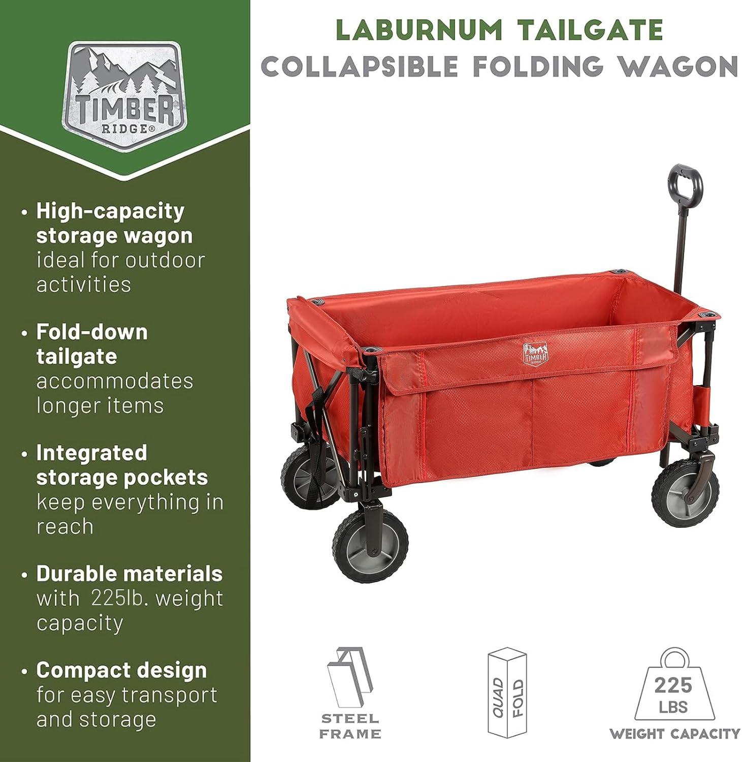 image:imageTIMBER RIDGE Tailgate Collapsible Folding Wagon Cart Heavy Duty Utility Push Pull Beach Wagon Foldable Outdoor Grocery Cart with Side Pockets for Camping Garden Shopping Holds 225 lbs RedRed