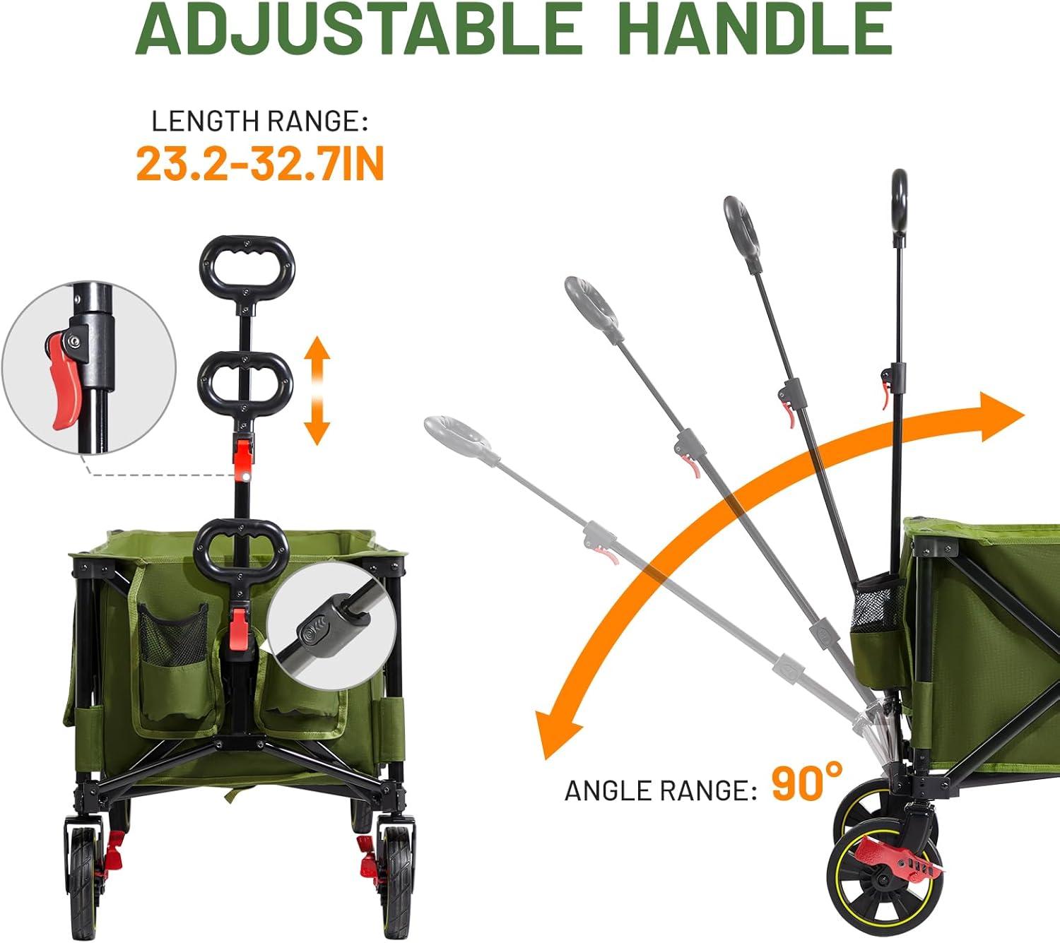image:imageTimber Ridge 512 Extended Collapsible Wagon Cart with Brakes and Cargo Net 500LBS Heavy Duty Foldable Utility Wagon with Adjustable Handle 400L Capacity Portable Cart for Camping Sports ShoppingGreen