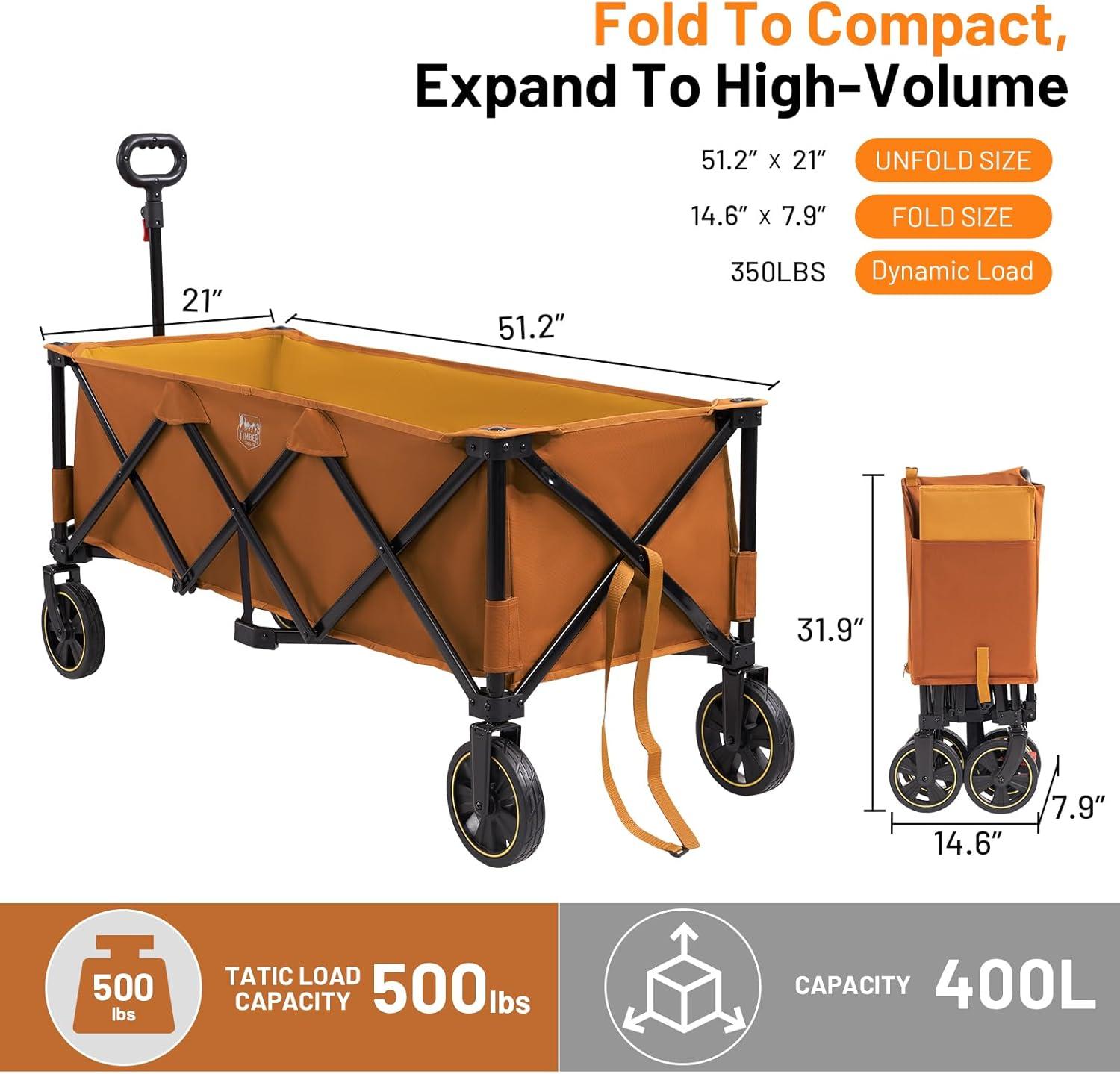 image:imageTimber Ridge 512 Extended Collapsible Wagon Cart with Brakes and Cargo Net 500LBS Heavy Duty Foldable Utility Wagon with Adjustable Handle 400L Capacity Portable Cart for Camping Sports ShoppingOrange