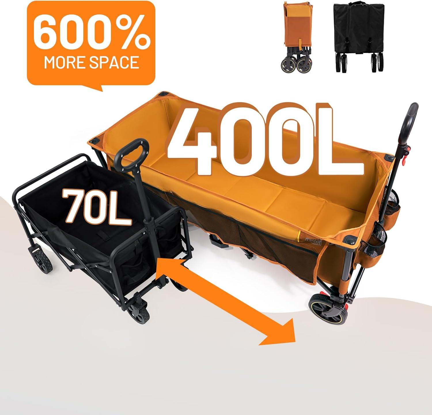 image:imageTimber Ridge 512 Extended Collapsible Wagon Cart with Brakes and Cargo Net 500LBS Heavy Duty Foldable Utility Wagon with Adjustable Handle 400L Capacity Portable Cart for Camping Sports ShoppingOrange