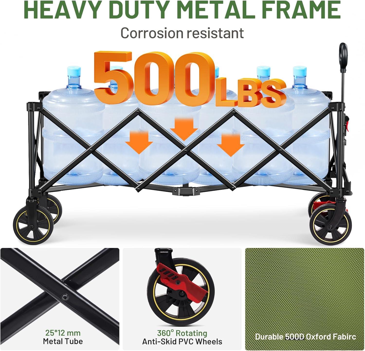 image:imageTimber Ridge 512 Extended Collapsible Wagon Cart with Brakes and Cargo Net 500LBS Heavy Duty Foldable Utility Wagon with Adjustable Handle 400L Capacity Portable Cart for Camping Sports ShoppingGreen
