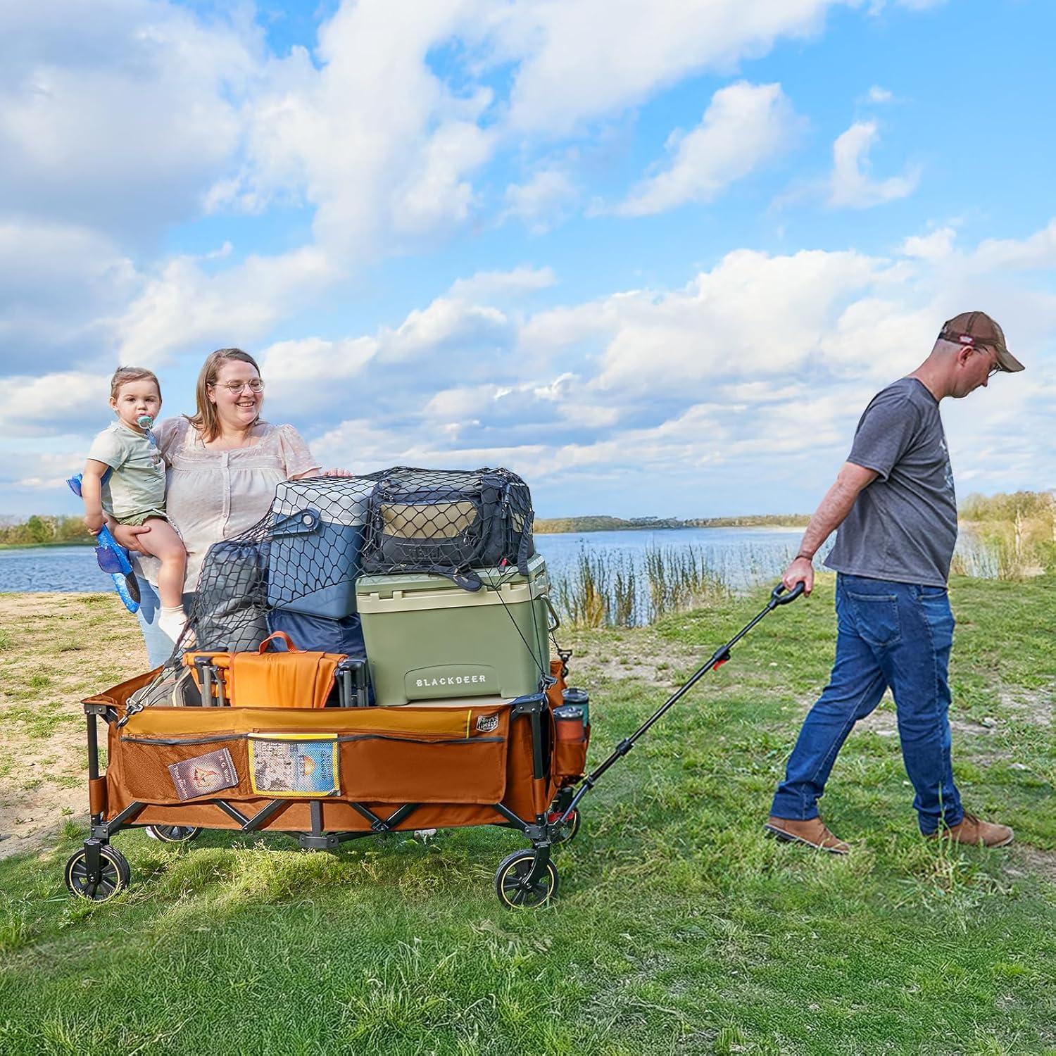 image:imageTimber Ridge 512 Extended Collapsible Wagon Cart with Brakes and Cargo Net 500LBS Heavy Duty Foldable Utility Wagon with Adjustable Handle 400L Capacity Portable Cart for Camping Sports ShoppingOrange