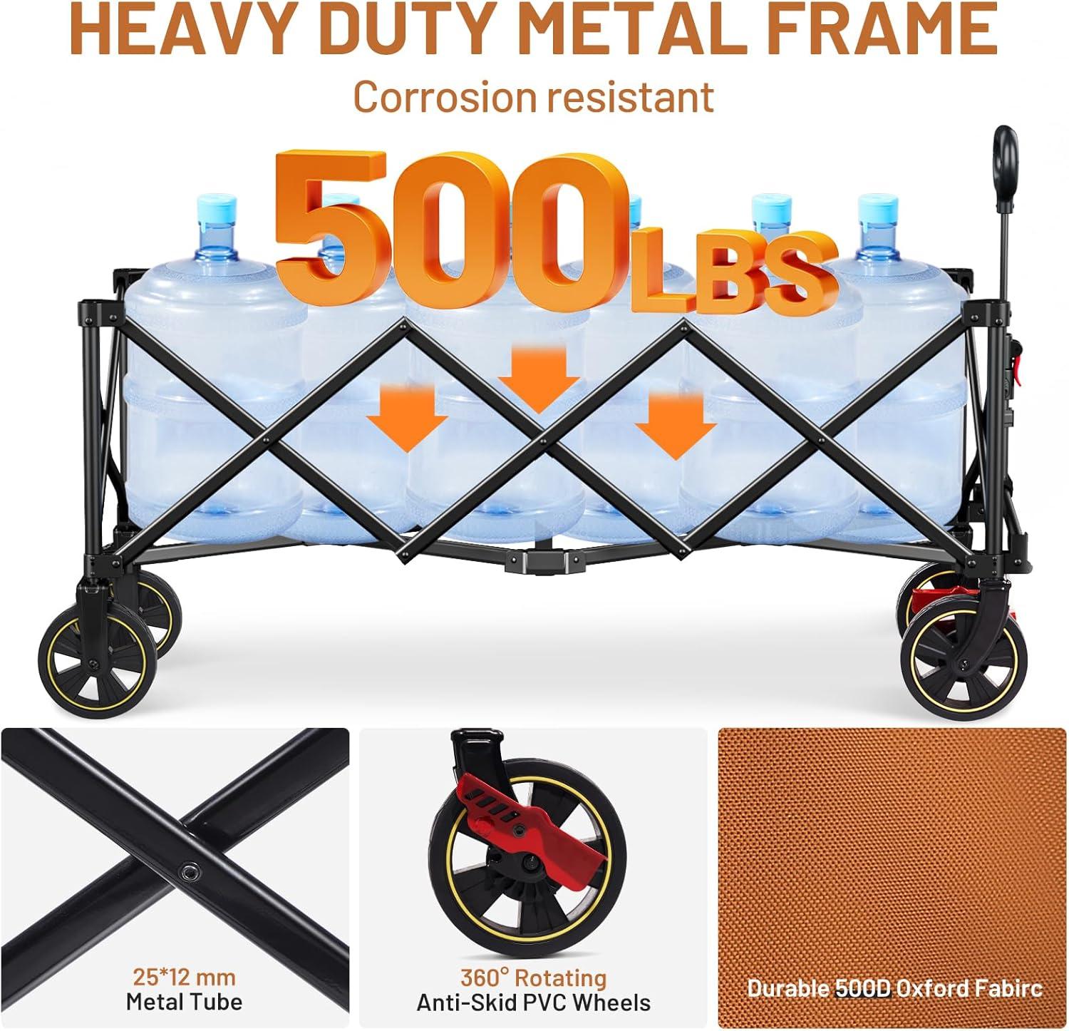 image:imageTimber Ridge 512 Extended Collapsible Wagon Cart with Brakes and Cargo Net 500LBS Heavy Duty Foldable Utility Wagon with Adjustable Handle 400L Capacity Portable Cart for Camping Sports ShoppingOrange