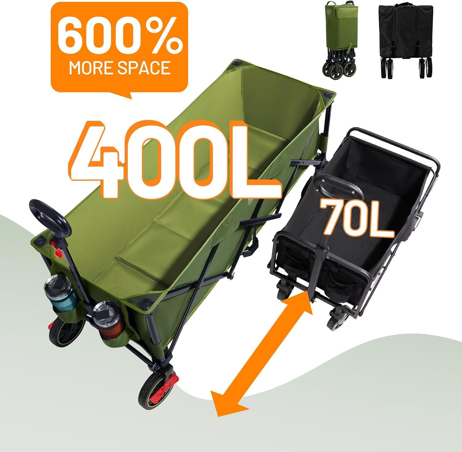 image:imageTimber Ridge 512 Extended Collapsible Wagon Cart with Brakes and Cargo Net 500LBS Heavy Duty Foldable Utility Wagon with Adjustable Handle 400L Capacity Portable Cart for Camping Sports ShoppingGreen