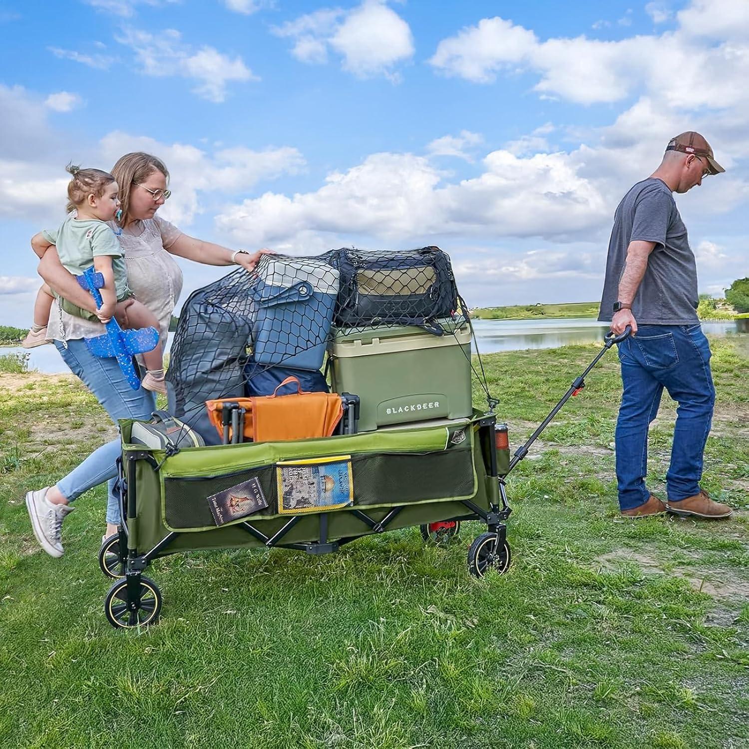 image:imageTimber Ridge 512 Extended Collapsible Wagon Cart with Brakes and Cargo Net 500LBS Heavy Duty Foldable Utility Wagon with Adjustable Handle 400L Capacity Portable Cart for Camping Sports ShoppingGreen