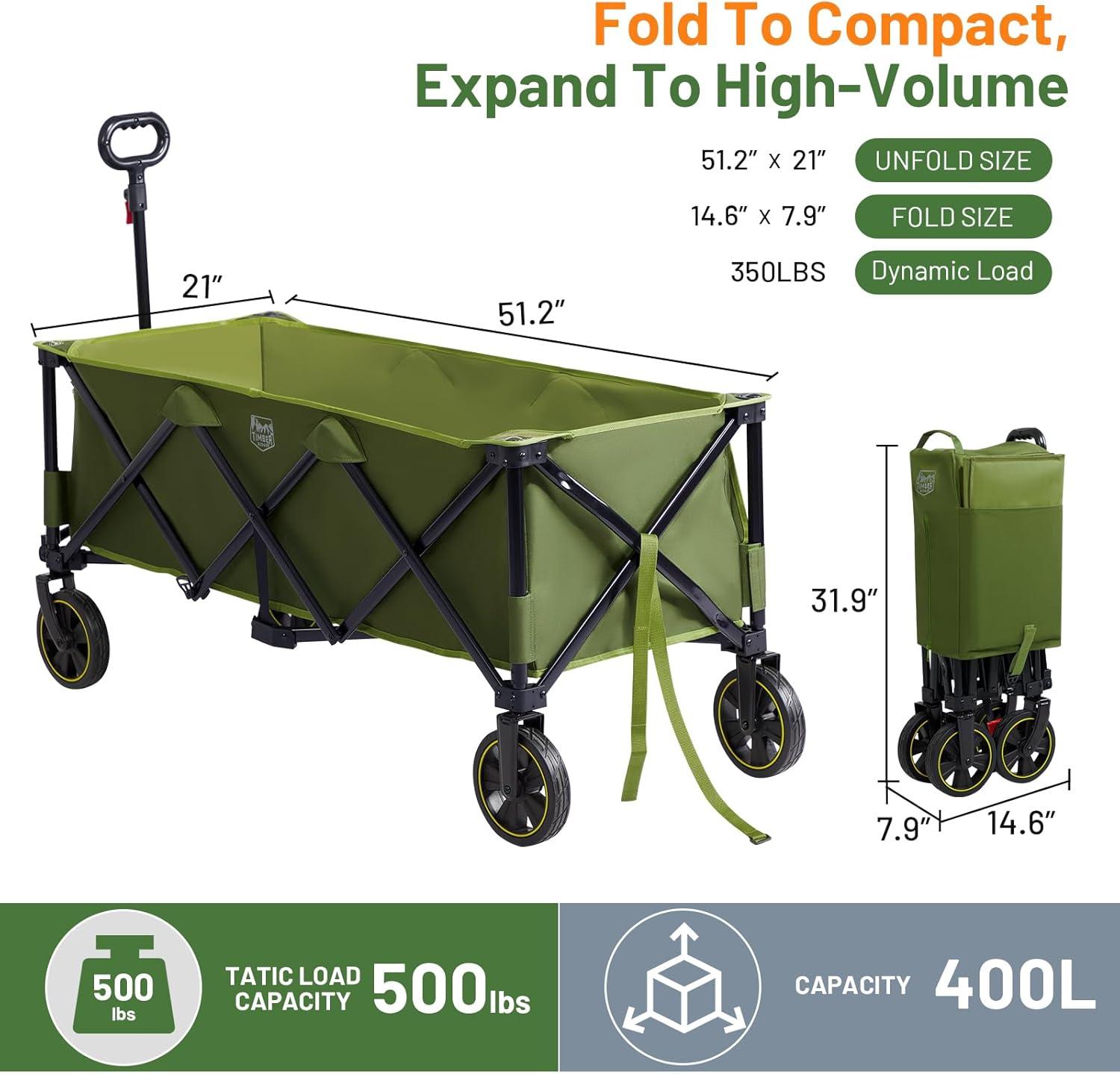 image:imageTimber Ridge 512 Extended Collapsible Wagon Cart with Brakes and Cargo Net 500LBS Heavy Duty Foldable Utility Wagon with Adjustable Handle 400L Capacity Portable Cart for Camping Sports ShoppingGreen