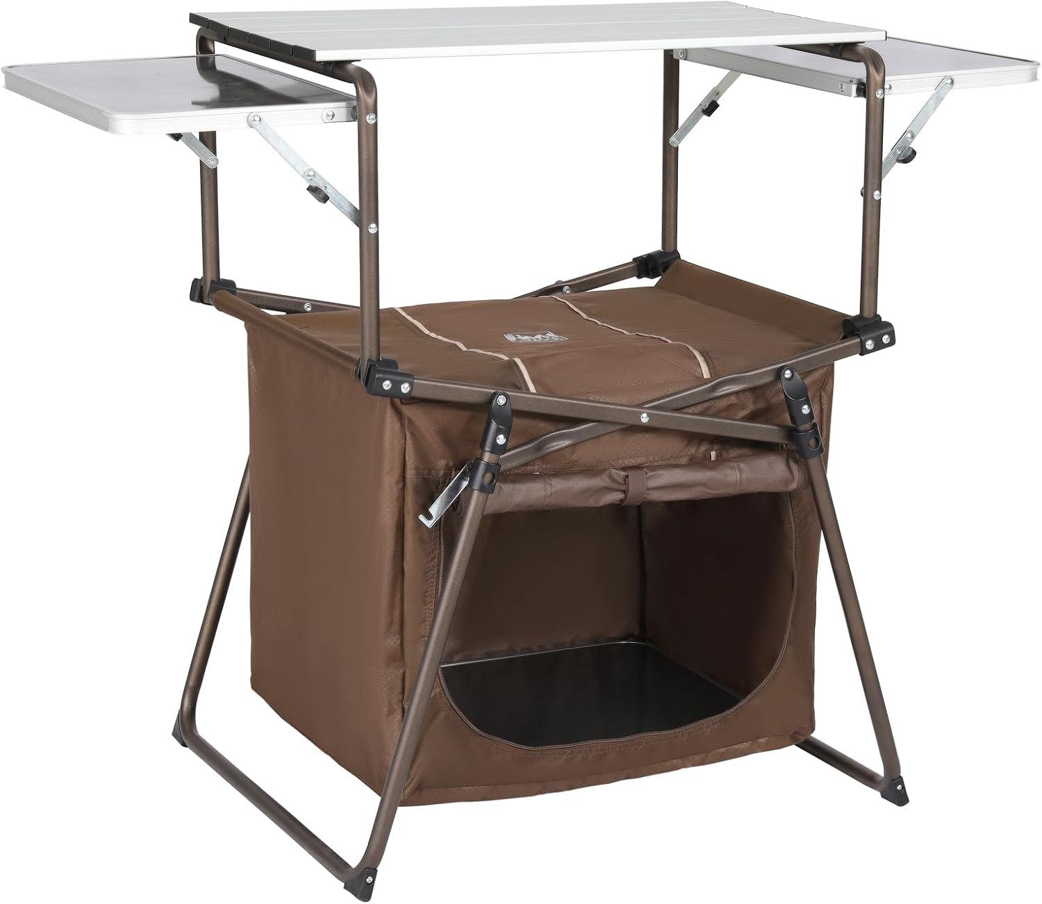 image:imageTimber Ridge Outdoor Folding Camping Kitchen Table Lightweight Portable Aluminum Cooking Table with Storage and Carry Bag Camp Cook Station Foldable Grill Table for BBQ Picnic Backyard Brown