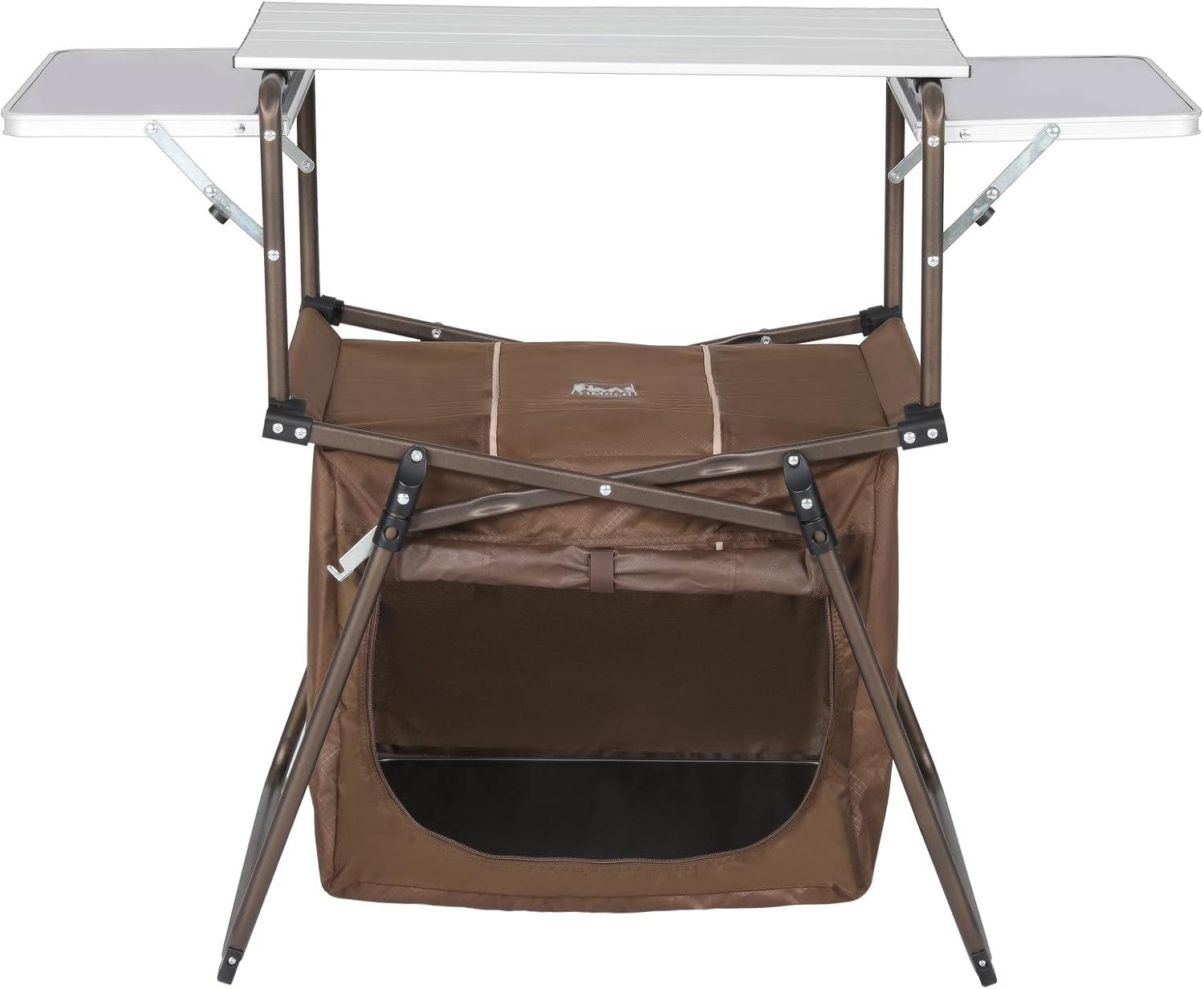 image:imageTimber Ridge Outdoor Folding Camping Kitchen Table Lightweight Portable Aluminum Cooking Table with Storage and Carry Bag Camp Cook Station Foldable Grill Table for BBQ Picnic Backyard Brown