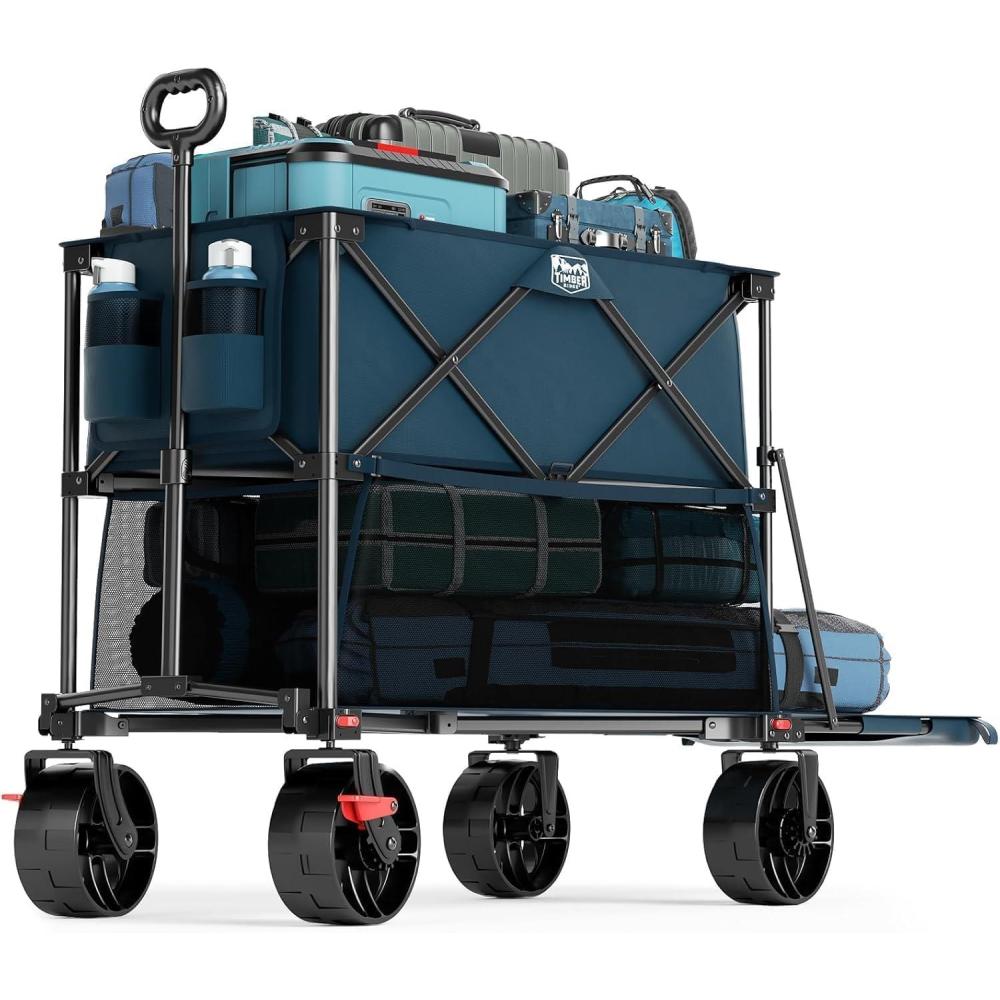 image:imageTIMBER RIDGE 400L Large Capacity Folding Double Decker Wagon with Brakes 54 Extra Long Extender Wagon Cart 450lbs Heavy Duty Collapsible Cart AllTerrain Big Wheels for Camping Sports ShoppingBlue With Brakes