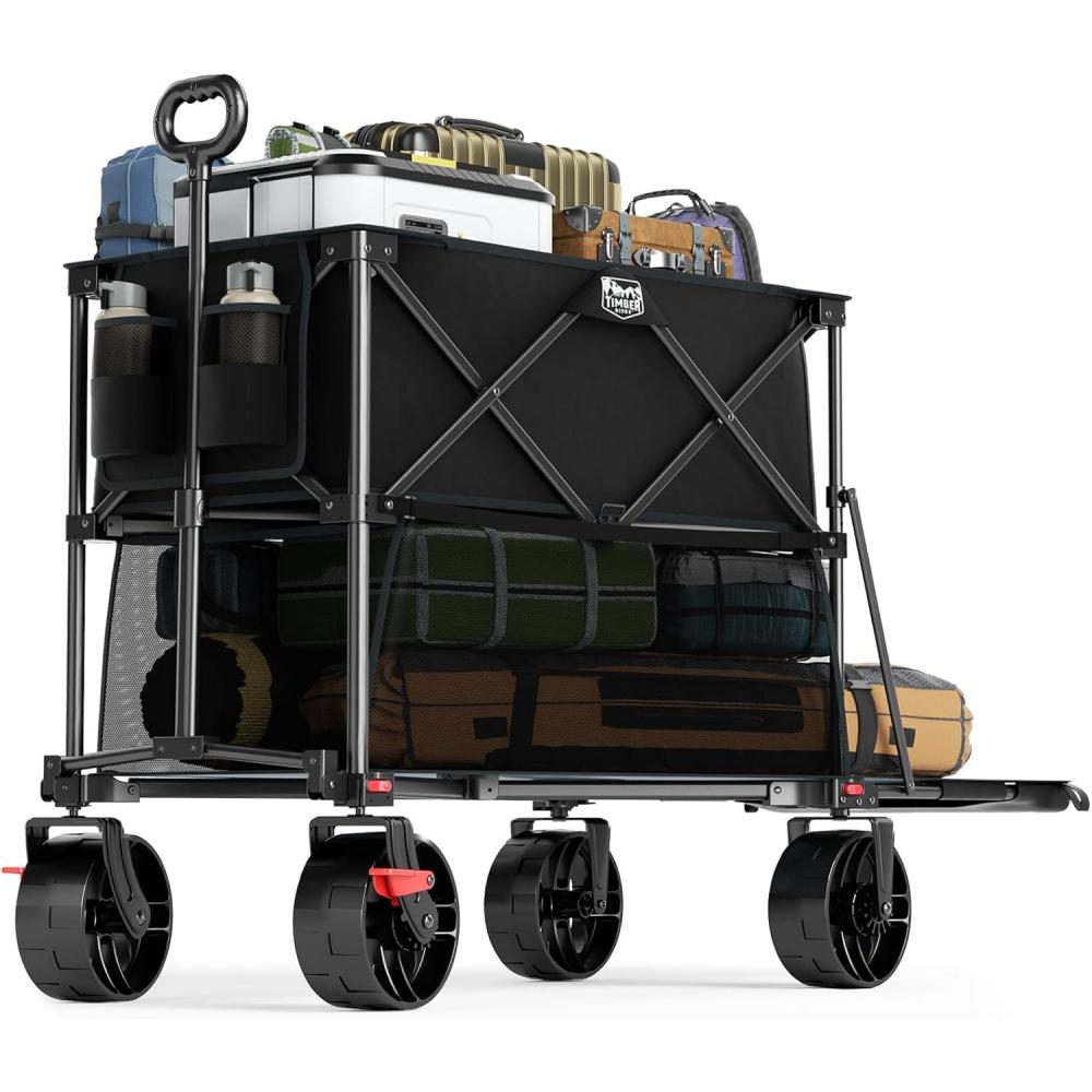 image:imageTIMBER RIDGE 400L Large Capacity Folding Double Decker Wagon with Brakes 54 Extra Long Extender Wagon Cart 450lbs Heavy Duty Collapsible Cart AllTerrain Big Wheels for Camping Sports ShoppingBlack With Brakes