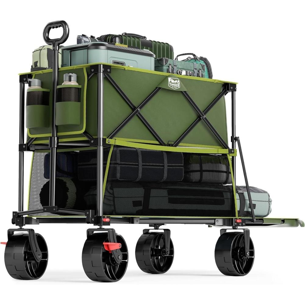 image:imageTIMBER RIDGE 400L Large Capacity Folding Double Decker Wagon with Brakes 54 Extra Long Extender Wagon Cart 450lbs Heavy Duty Collapsible Cart AllTerrain Big Wheels for Camping Sports ShoppingGreen With Brakes