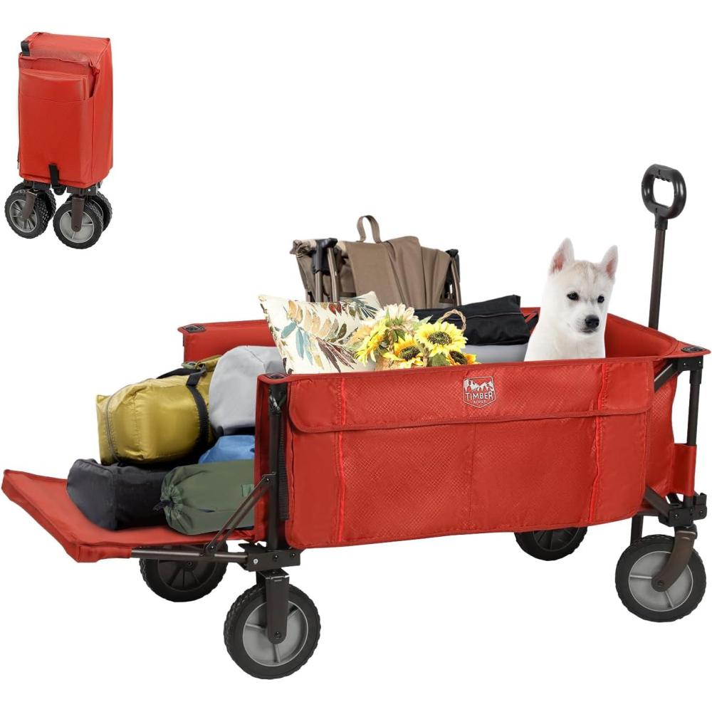 image:imageTIMBER RIDGE Tailgate Collapsible Folding Wagon Cart Heavy Duty Utility Push Pull Beach Wagon Foldable Outdoor Grocery Cart with Side Pockets for Camping Garden Shopping Holds 225 lbs RedRed
