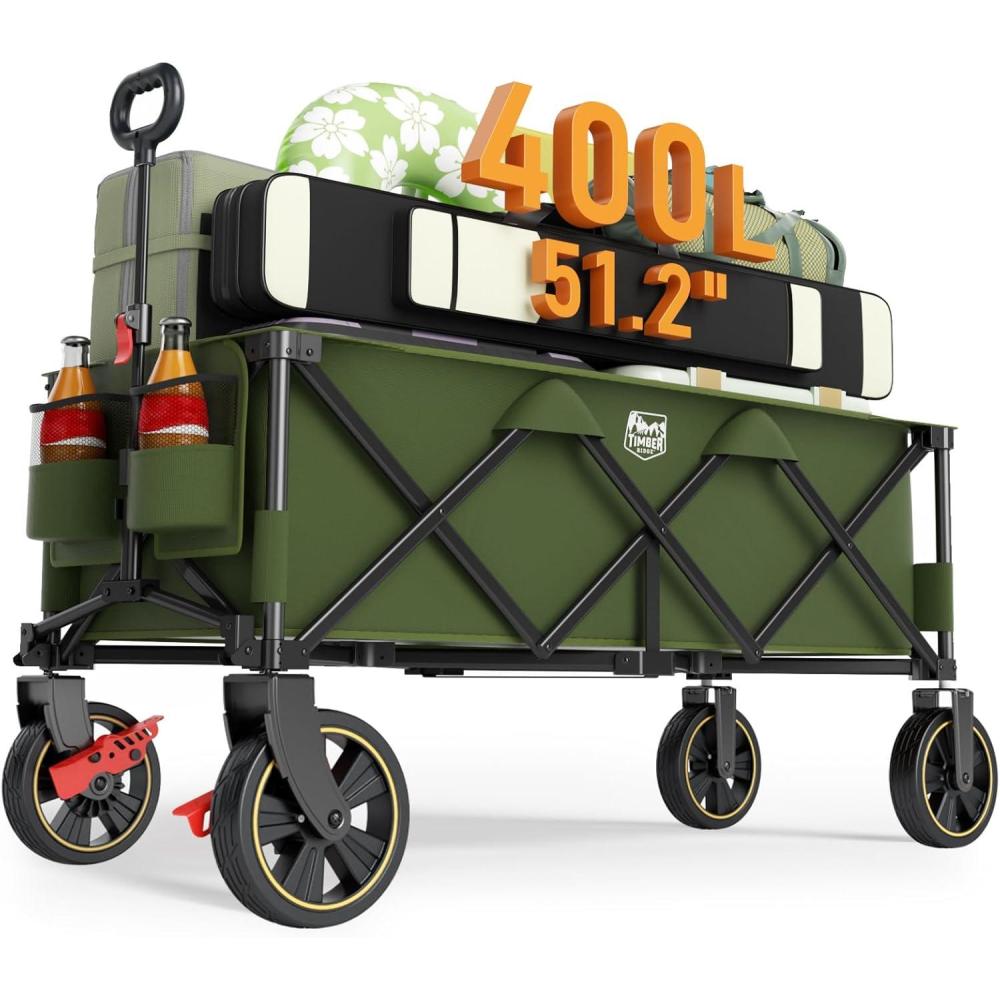 image:imageTimber Ridge 512 Extended Collapsible Wagon Cart with Brakes and Cargo Net 500LBS Heavy Duty Foldable Utility Wagon with Adjustable Handle 400L Capacity Portable Cart for Camping Sports ShoppingGreen