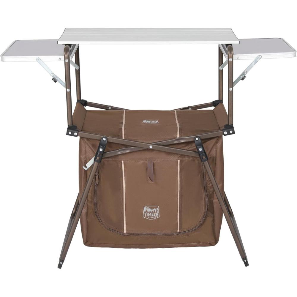 image:imageTimber Ridge Outdoor Folding Camping Kitchen Table Lightweight Portable Aluminum Cooking Table with Storage and Carry Bag Camp Cook Station Foldable Grill Table for BBQ Picnic Backyard Brown
