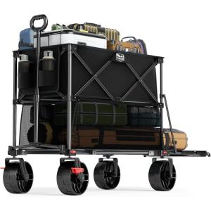 image:imageTIMBER RIDGE 400L Large Capacity Folding Double Decker Wagon with Brakes 54 Extra Long Extender Wagon Cart 450lbs Heavy Duty Collapsible Cart AllTerrain Big Wheels for Camping Sports ShoppingBlack With Brakes