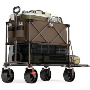 image:imageTIMBER RIDGE 400L Large Capacity Folding Double Decker Wagon with Brakes 54 Extra Long Extender Wagon Cart 450lbs Heavy Duty Collapsible Cart AllTerrain Big Wheels for Camping Sports ShoppingTan With Brakes