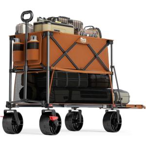 image:imageTIMBER RIDGE 400L Large Capacity Folding Double Decker Wagon with Brakes 54 Extra Long Extender Wagon Cart 450lbs Heavy Duty Collapsible Cart AllTerrain Big Wheels for Camping Sports ShoppingOrange With Brakes