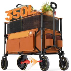 image:imageTimber Ridge 350L Extra Large Collapsible Folding Wagon Carts with Brake Heavy Duty Outdoor Camping Utility Wagons with Extended Height Adjustable Handle Cup Holders Side BagBlueOrange