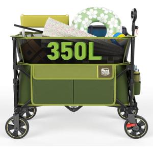 image:imageTimber Ridge 350L Extra Large Collapsible Folding Wagon Carts with Brake Heavy Duty Outdoor Camping Utility Wagons with Extended Height Adjustable Handle Cup Holders Side BagBlueGreen