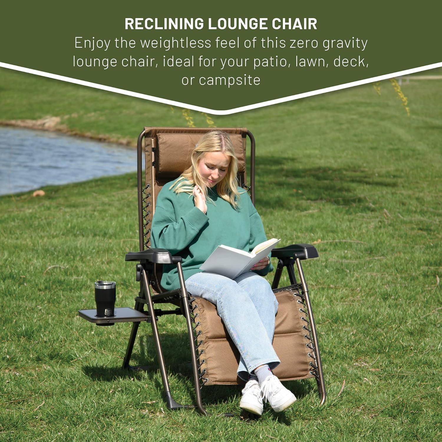 image:imageTIMBER RIDGE Aluminum Zero Gravity Chairs Folding Recliner Chair Padded with Cup Holder and Headrest Adjustable Lounge Reclining Chair for Outdoor Camping Lawn Patio Indoor Supports 350lbs Brown2 Pack