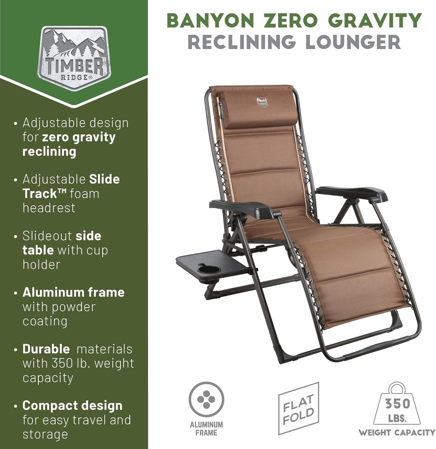 image:imageTIMBER RIDGE Aluminum Zero Gravity Chairs Folding Recliner Chair Padded with Cup Holder and Headrest Adjustable Lounge Reclining Chair for Outdoor Camping Lawn Patio Indoor Supports 350lbs Brown2 Pack