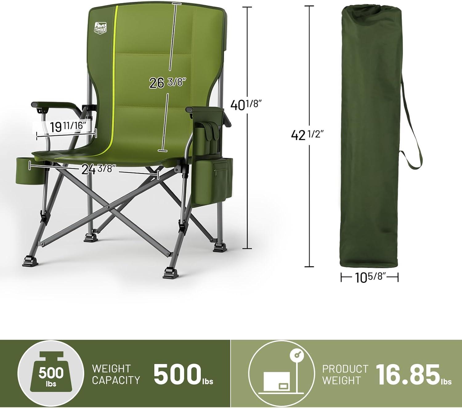 image:imageTIMBER RIDGE Oversized Folding Camping Chair High Back Heavy Duty for Adults Support up to 500lbs with Cup Holder Side Pocket Cooler BagGreen
