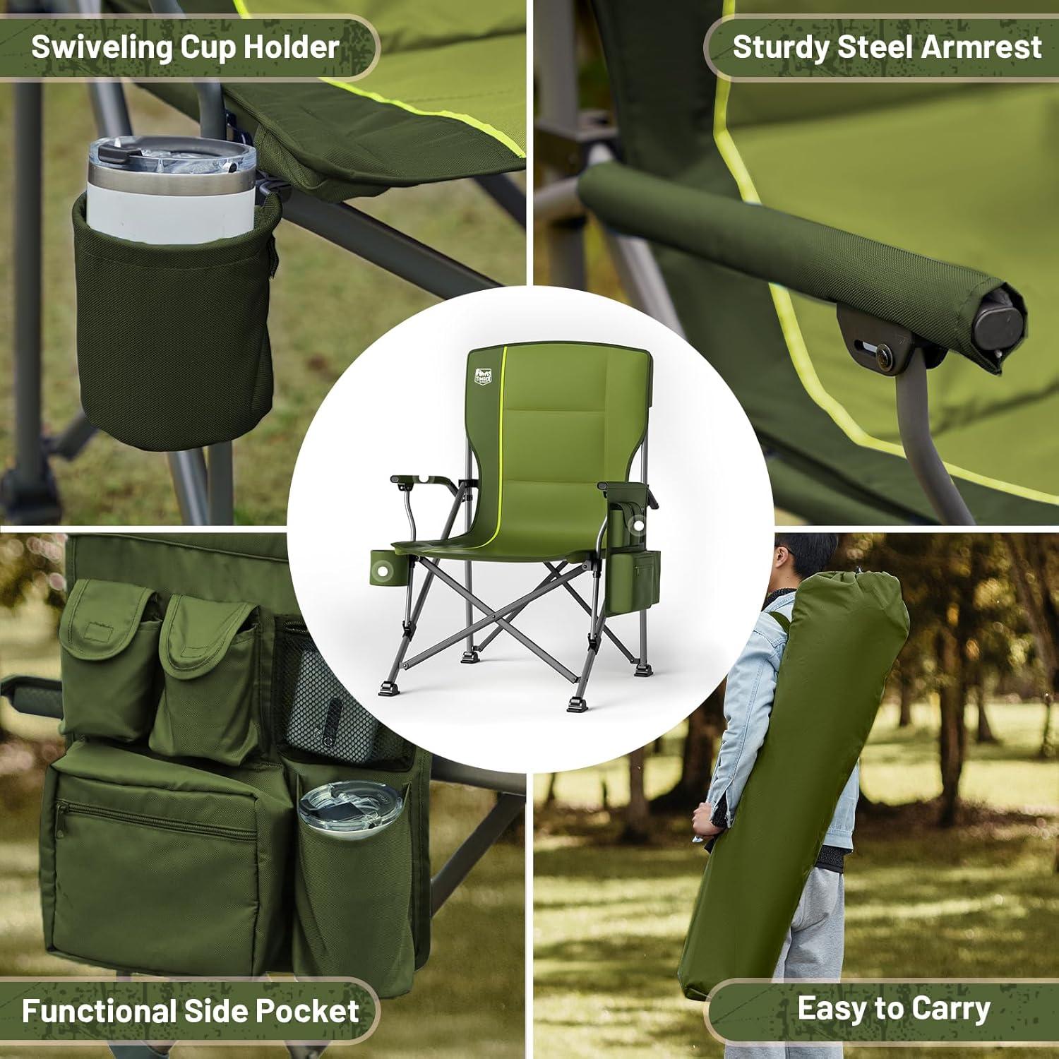 image:imageTIMBER RIDGE Oversized Folding Camping Chair High Back Heavy Duty for Adults Support up to 500lbs with Cup Holder Side Pocket Cooler BagGreen