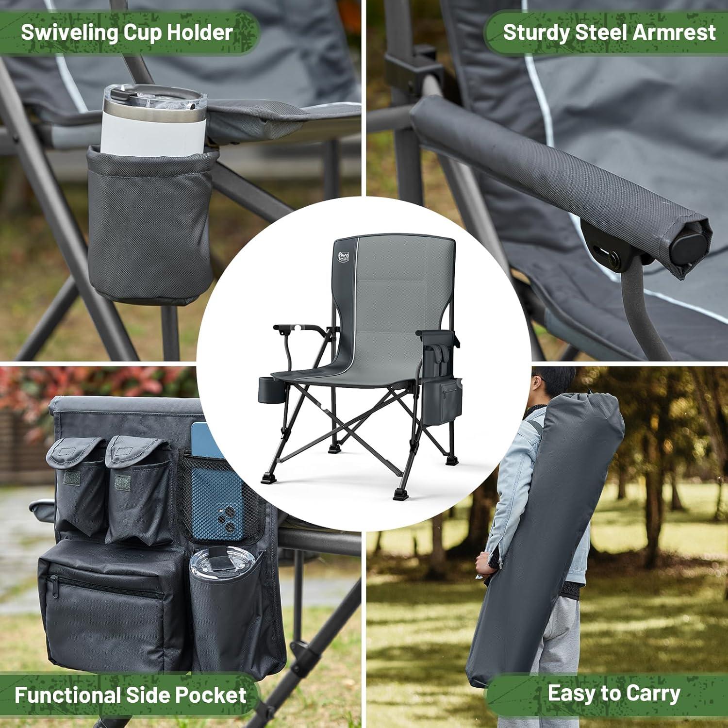 image:imageTIMBER RIDGE Oversized Folding Camping Chair High Back Heavy Duty for Adults Support up to 500lbs with Cup Holder Side Pocket Cooler BagGrey