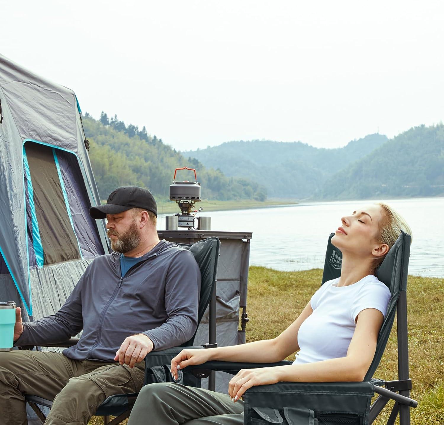 image:imageTIMBER RIDGE Oversized Folding Camping Chair High Back Heavy Duty for Adults Support up to 500lbs with Cup Holder Side Pocket Cooler BagGrey2 Set